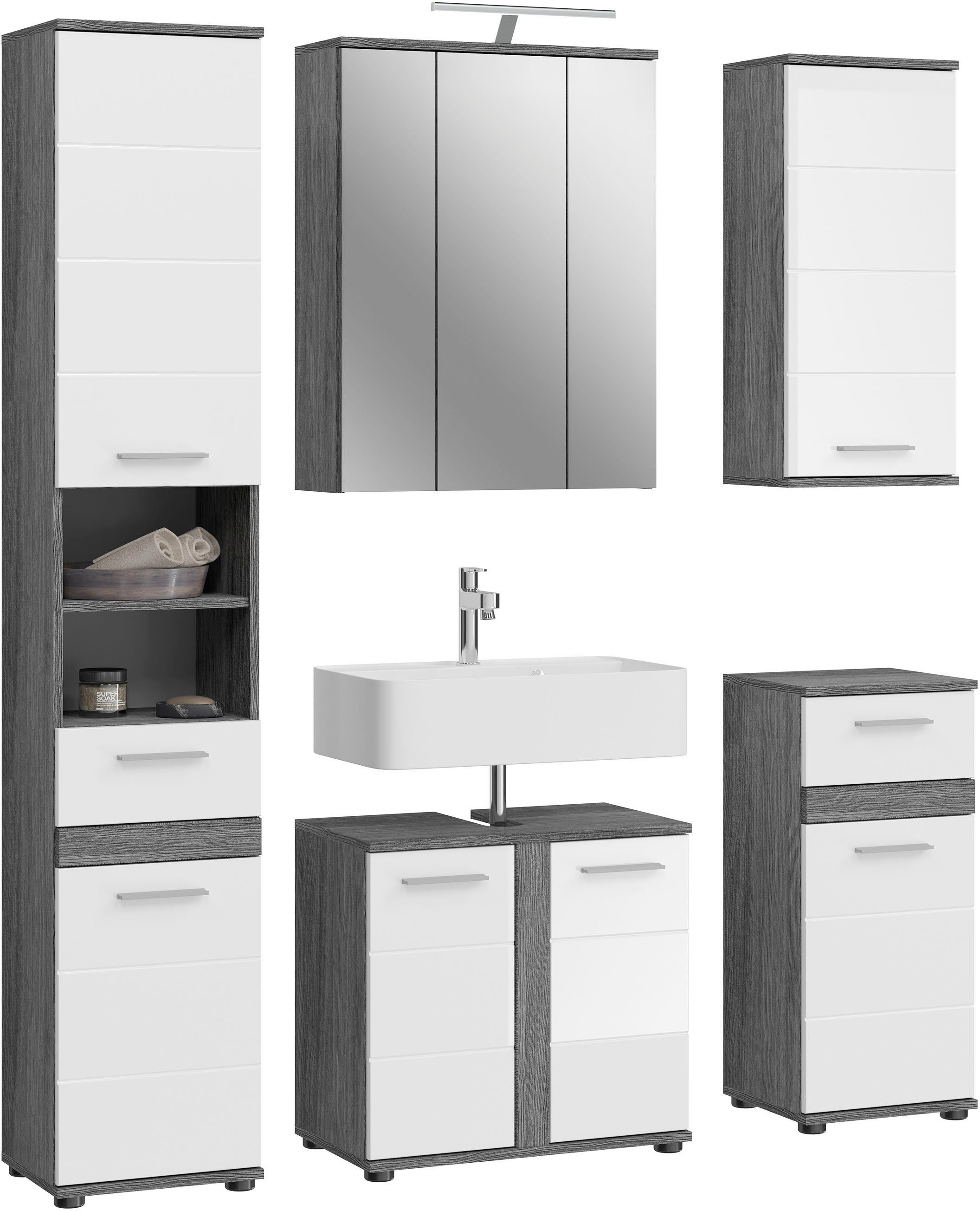welltime Badmöbel-Set LUCCA, 5-teilig, inklusive LED Beleuchtung, bestehend aus:, (Set, 5-St), Hochschrank, WBU, Spiegelschrank, Unterschrank, Hängeschrank