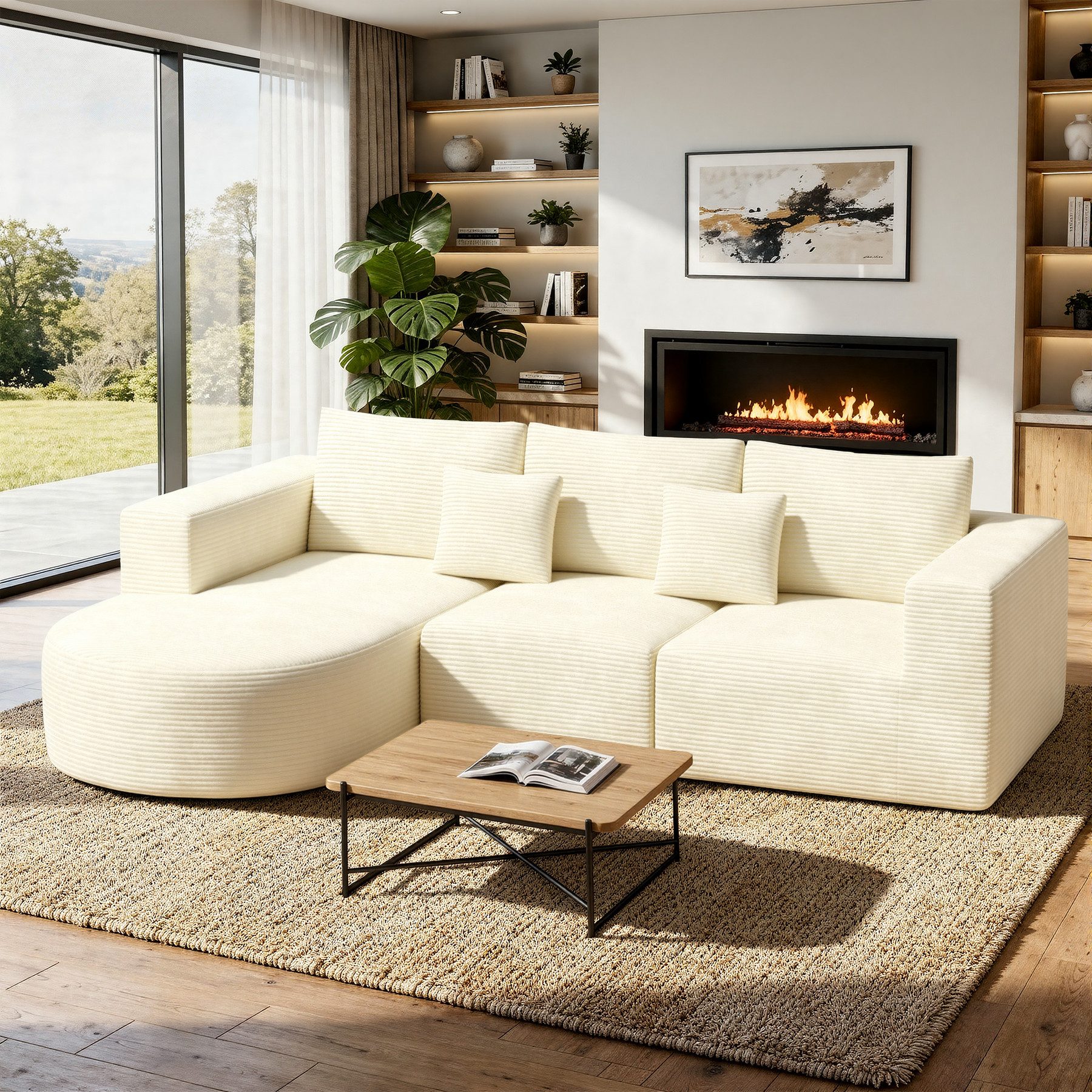 Aivermeil Ecksofa in L-Form 264x177 cm aus Kordstoff, 1 Teile, Montagefreie Cloud-Couch mit ergonomischer Polsterung und Kissen