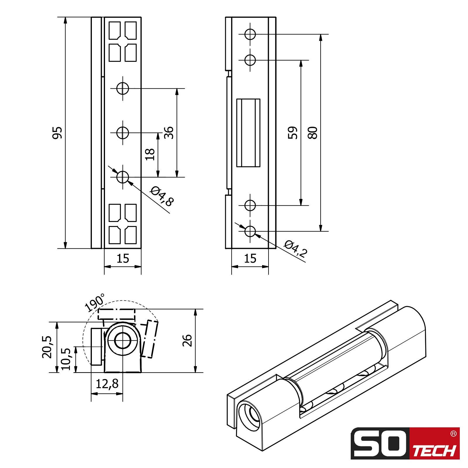 SO-TECH® Fensterbeschlag Fensterband Höhe 95 mm Aluminium (2 St), weiß – Bild 5 von 5