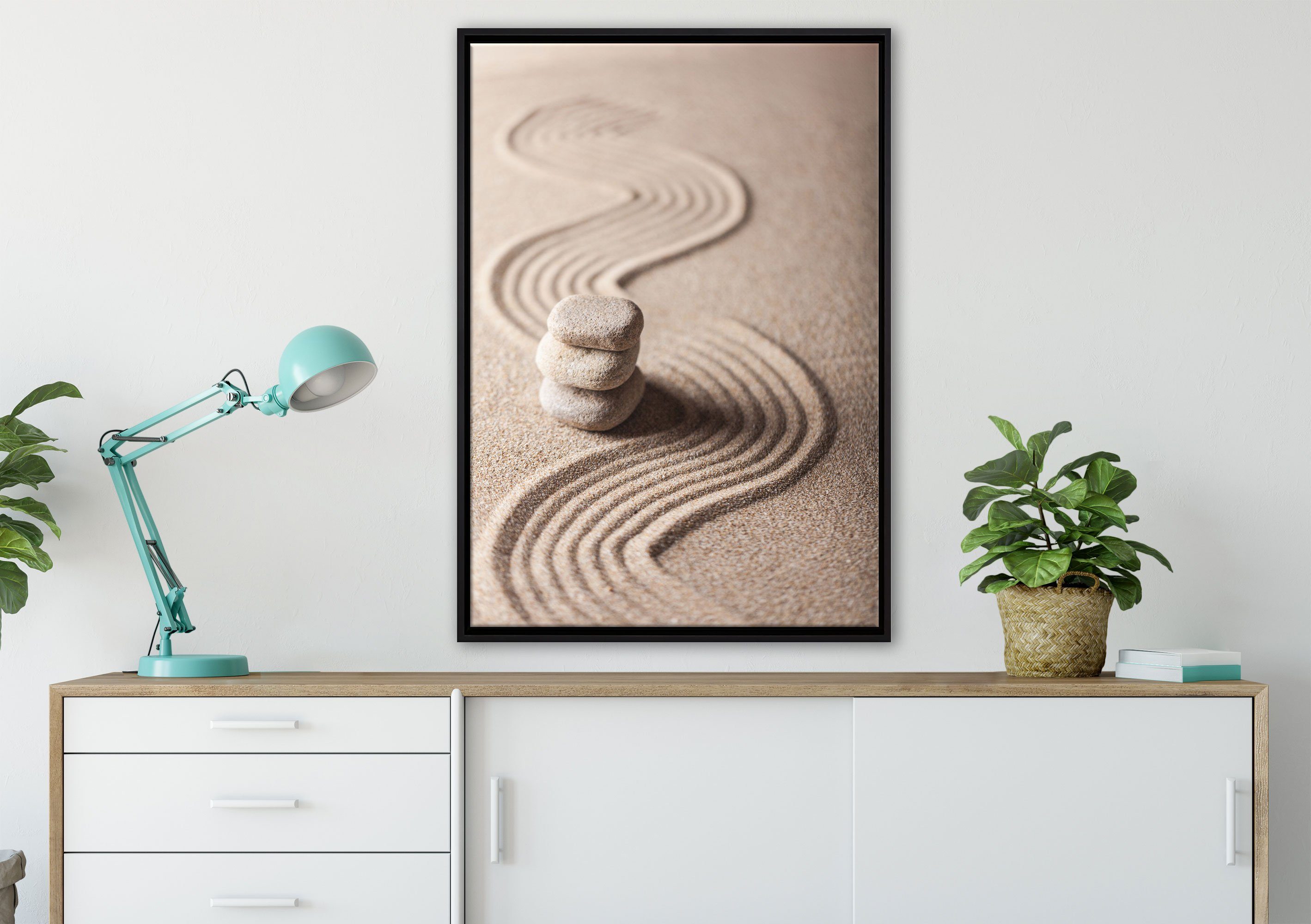 Pixxprint Leinwandbild Wellenmuster im Sand, Schattenfugen-Bilderrahmen gefasst, Zackenaufhänger (1 Wanddekoration St), einem Leinwandbild inkl. bespannt, fertig in