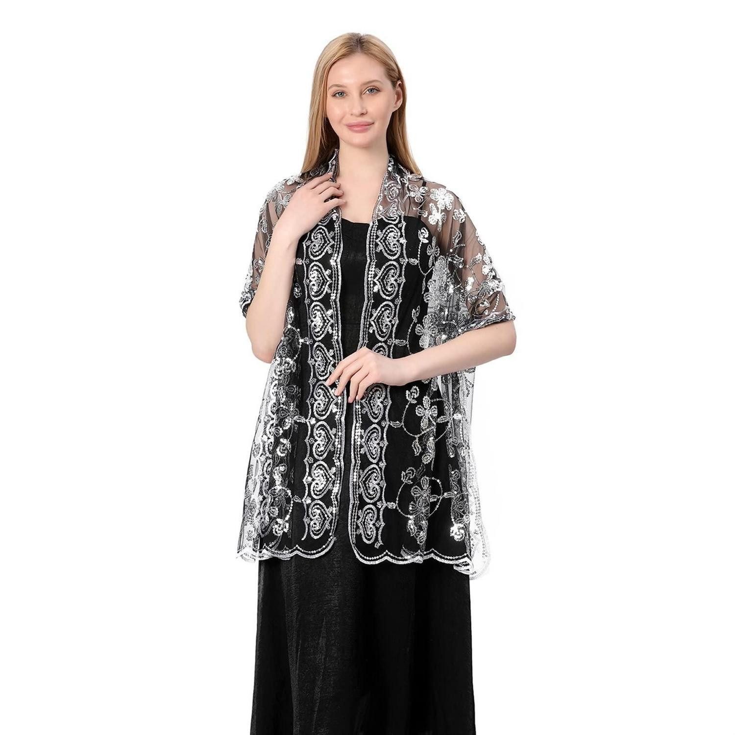 LuxusKollektion Modeschal Schal Dünn Glitzer Floral Vintage Schwarz Silber, (1-St)