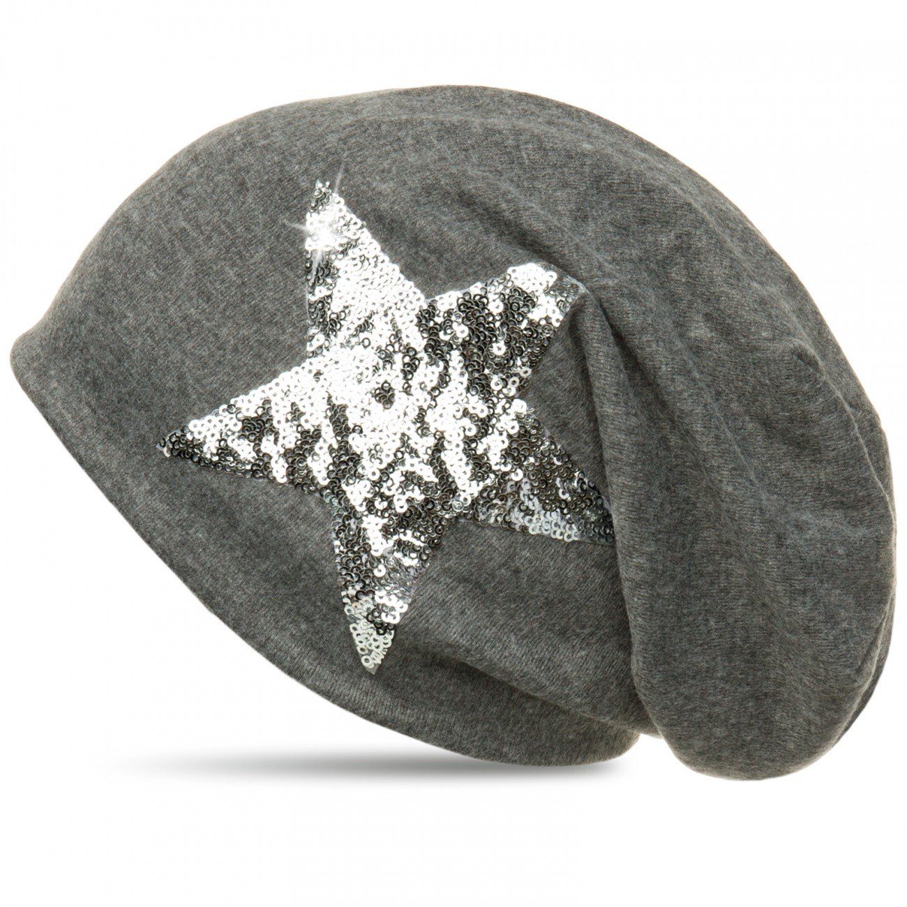 Mütze mit Caspar warmem (meliert) Stern und MU136 dunkelgrau Flanell Beanie Stoff Pailletten