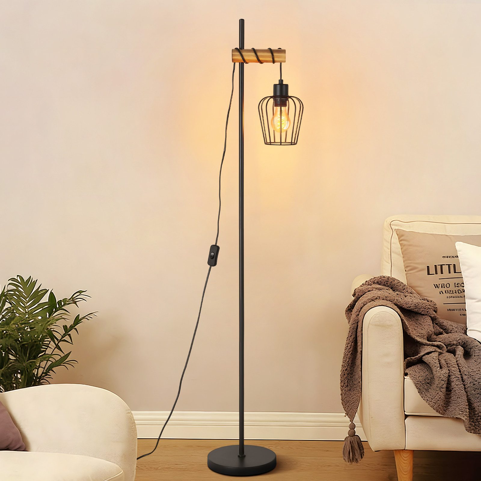 Nettlife Stehlampe Stehleuchte 2 Flammig schwarz Vintage aus Holz 151cm, mi günstig online kaufen