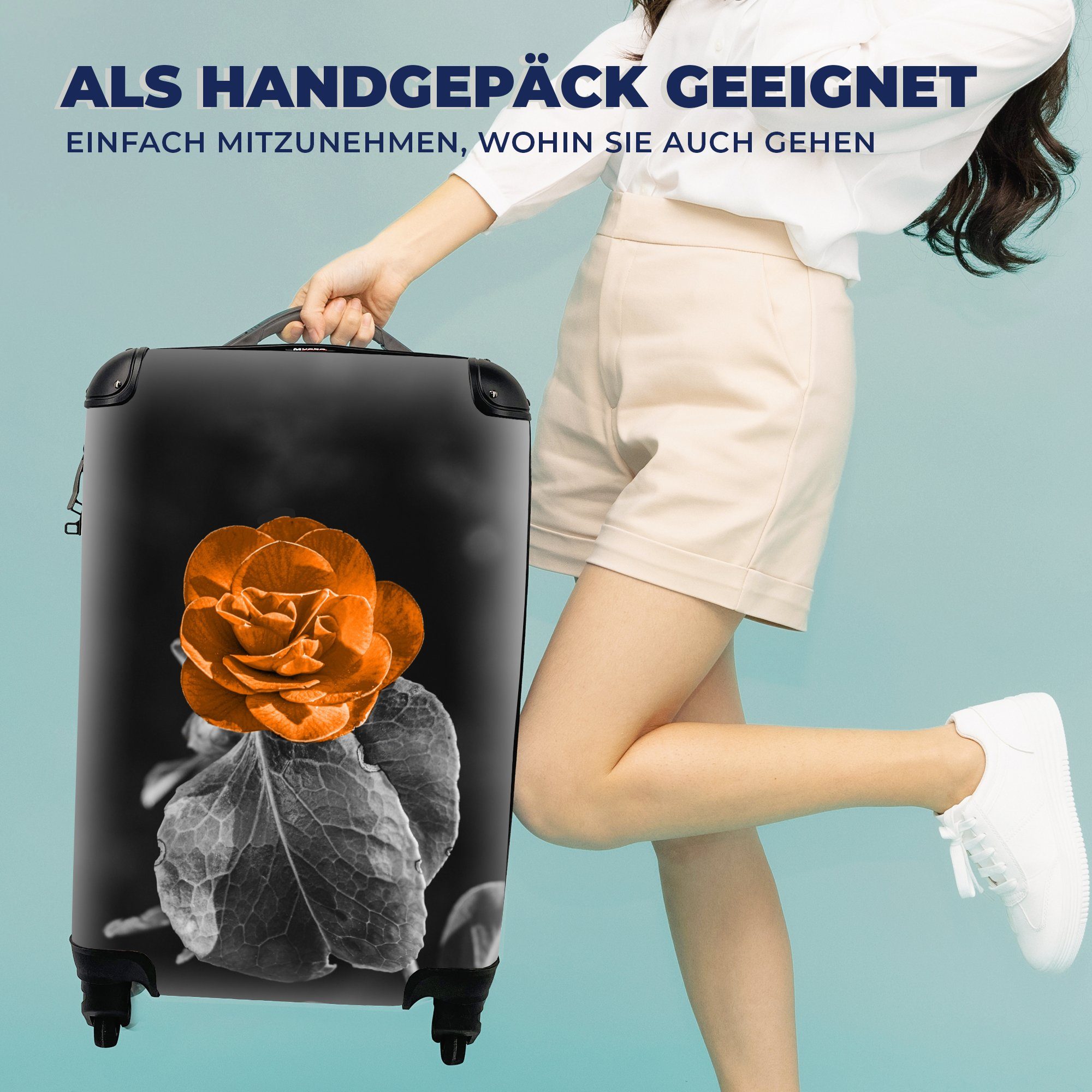 Handgepäck Ferien, rollen, für Reisetasche - 4 Reisekoffer Rollen, Weiß, Blumen - Orange MuchoWow Schwarz - Trolley, - Rosen Handgepäckkoffer mit