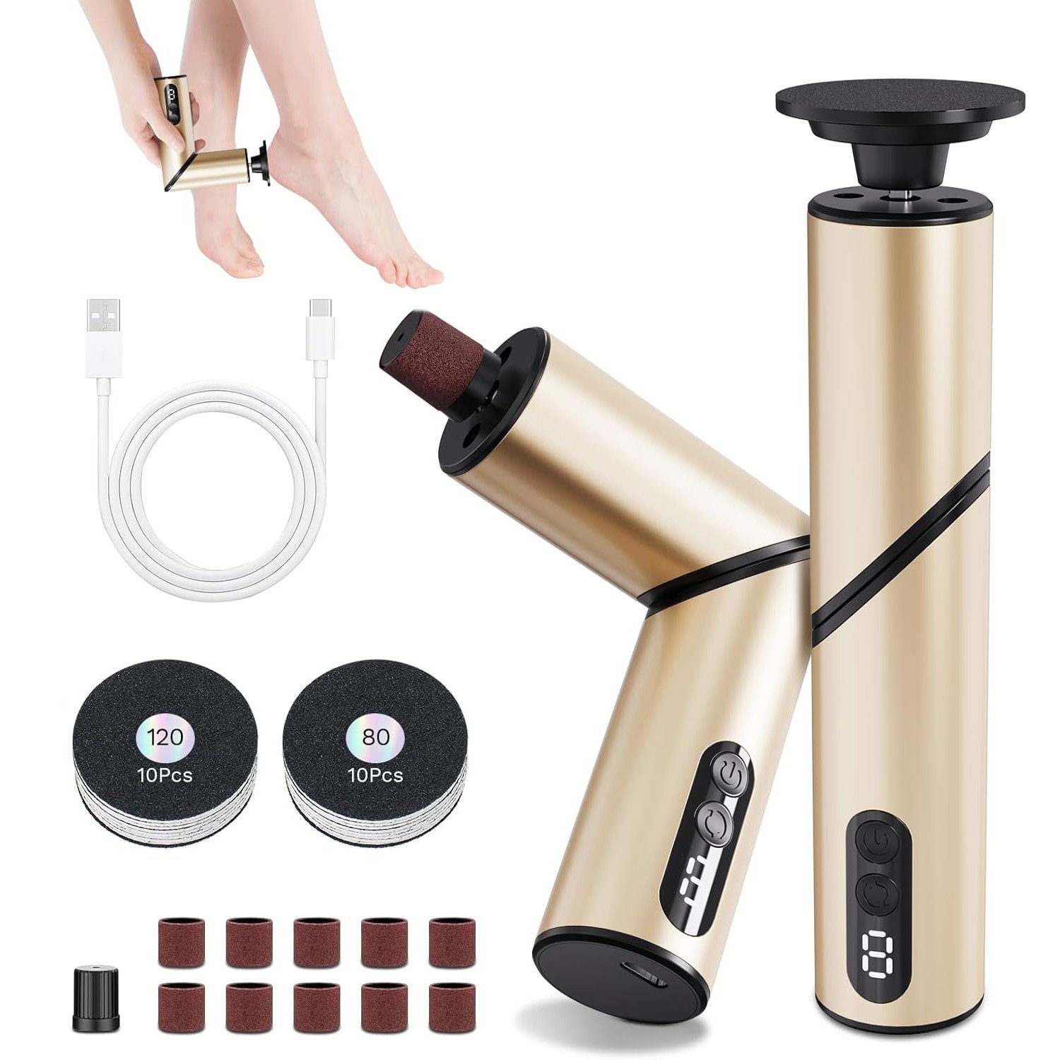 TUWENA Elektrischer Hornhautentferner Hornhautentferner Elektrischer 2-in-1 klappbar mit 9 Gangstufen, Wiederaufladbar, LED-Display, Aluminium, mit Zubehör, Salon-Qualität