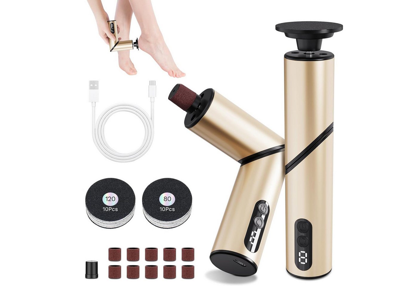 TUWENA Elektrischer Hornhautentferner Hornhautentferner Elektrischer 2-in-1 klappbar mit 9 Gangstufen, Wiederaufladbar, LED-Display, Aluminium, mit Zubehör, Salon-Qualität