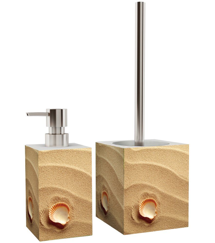 Sanilo Badaccessoire-Set Bürstenkopf, 2 stabile tlg., 2-tlg., hochwertig auswechselbarer Clam, & und Seifenspender, modern WC-Bürste Pumpe