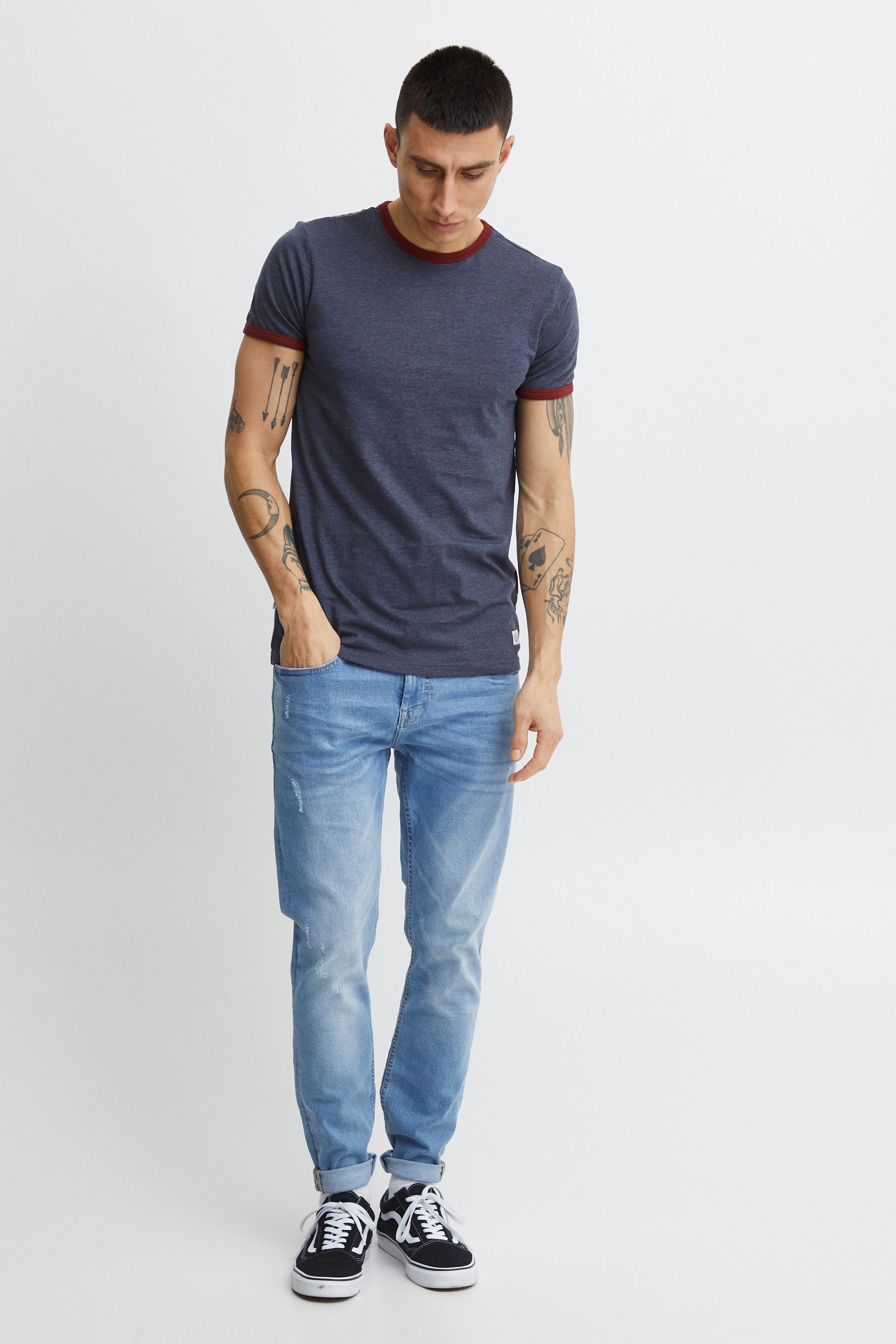 Solid Rundhalsshirt SDManoldo abgesetztem Kragen T-Shirt (8991) Melange mit farblich Ärmelsaum und Blue Insignia