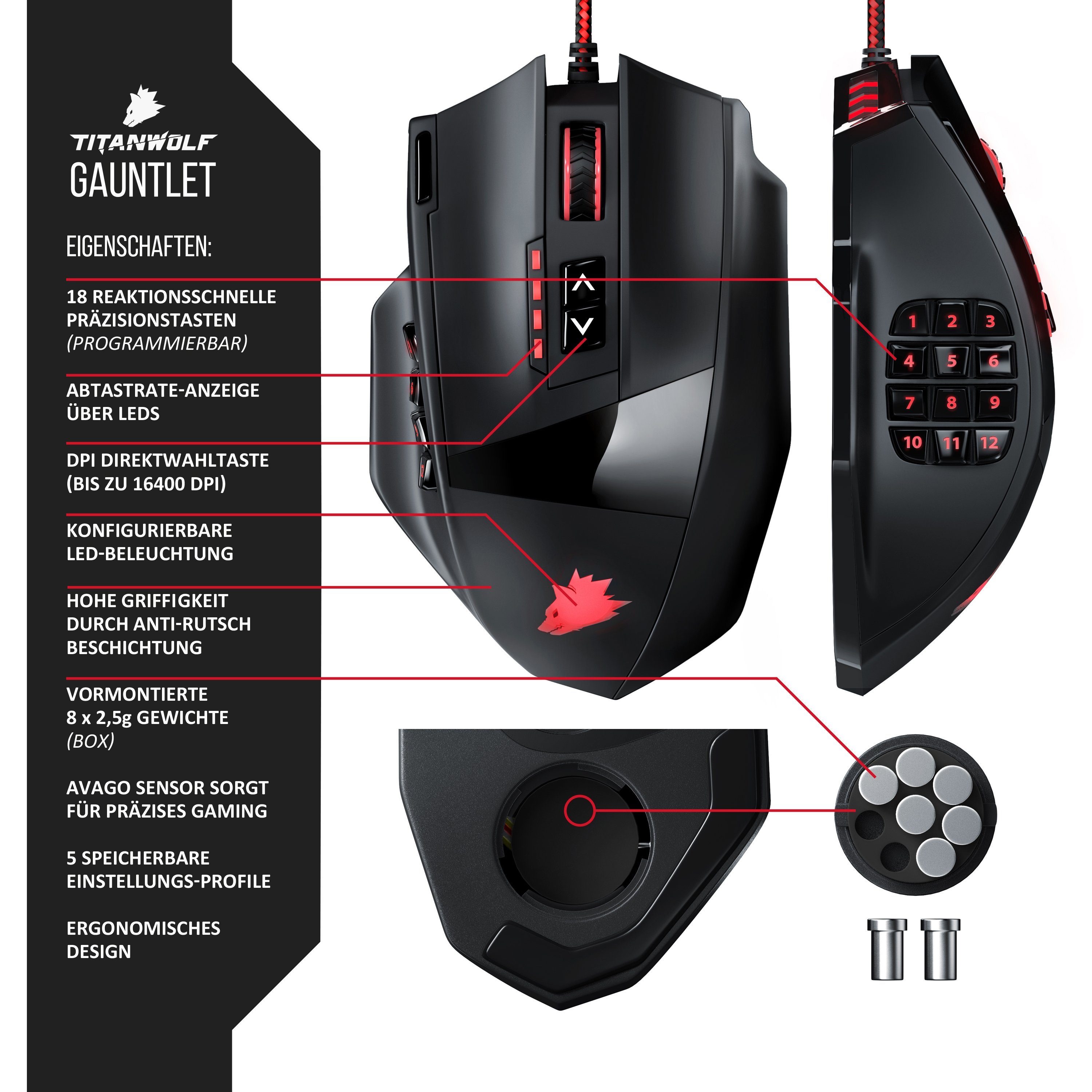 Titanwolf USB MMO Mouse mit 16400dpi, 18 programmierbare Tasten, LED Gaming-Maus (kabelgebunden, 1000 dpi, Konfigurierbare Farb-Beleuchtung, Avago Sensor, ergonomisches Design)