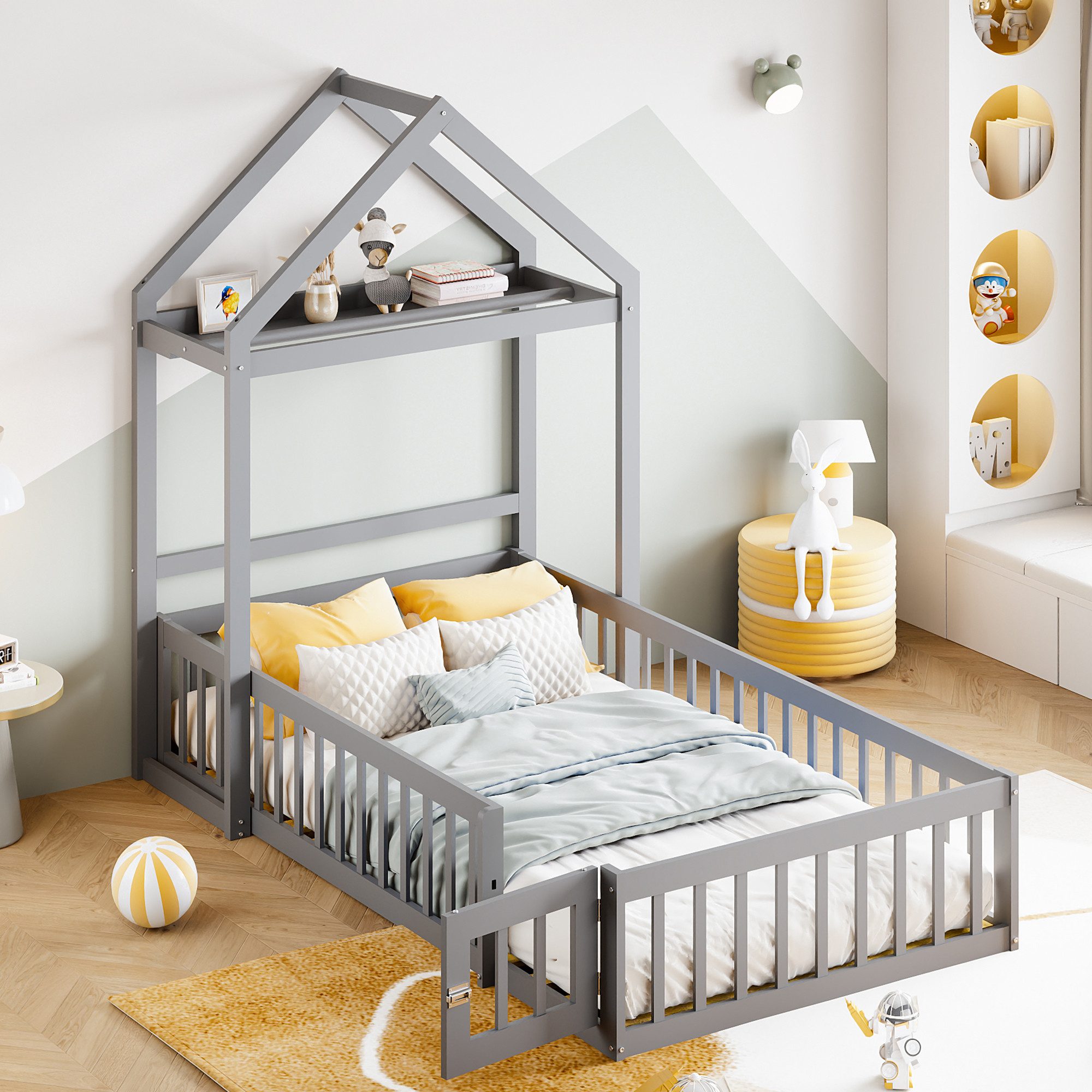 Merax Kinderbett, abnehmbares Jugendbett 90x200cm mit Stauraum und Gitter, Massivholz