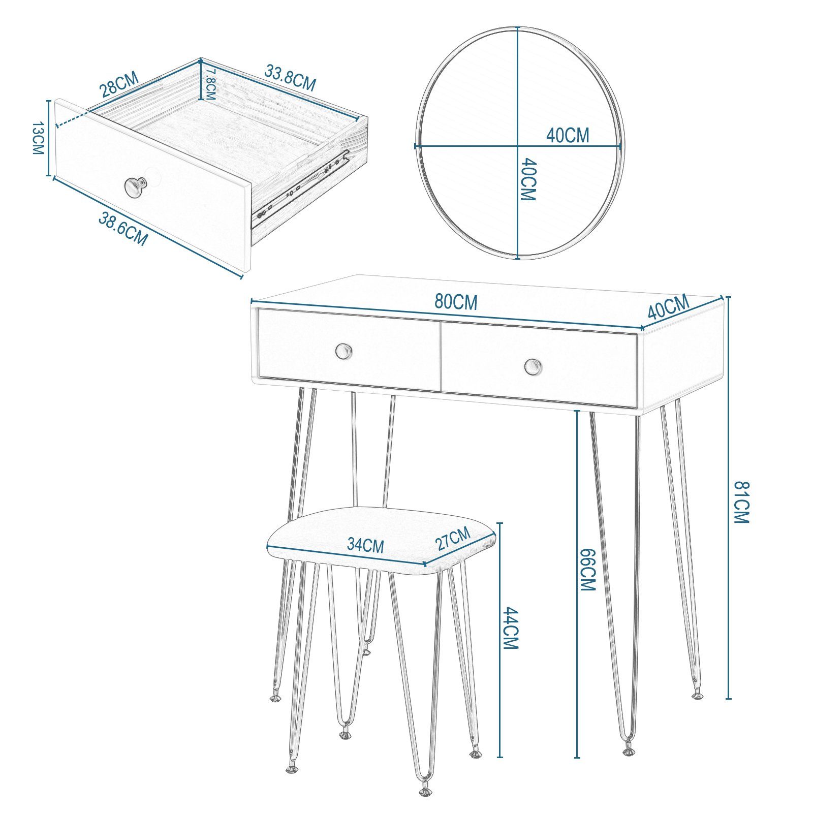 Fußgestell Massivholz, aus Schminktisch MDF und (1-St), Weiß EUGAD Golden