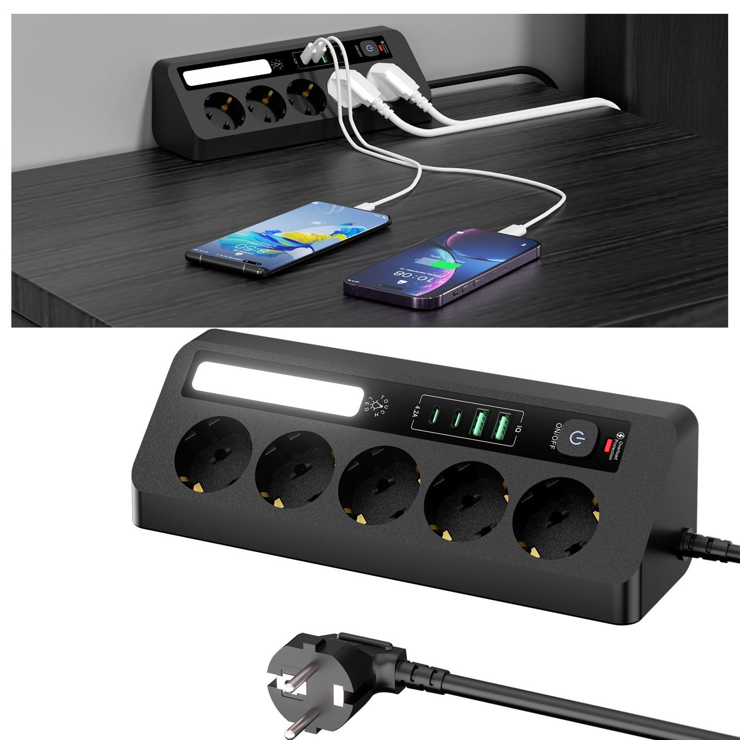 QUBEBU Steckdose 5fach Steckdosenleiste mit 2x USB-C 2x USB-A, 1,8 m Verlängerungskabel, 9-IN-1 Mehrfachsteckdose, Steckdosenleiste für Zuhause,Büro, 1-St., Verteilersteckdose mit Schalter, 2500W Steckdosenwürfel mit LED, Ecksteckdose Tischsteckdose Eckst