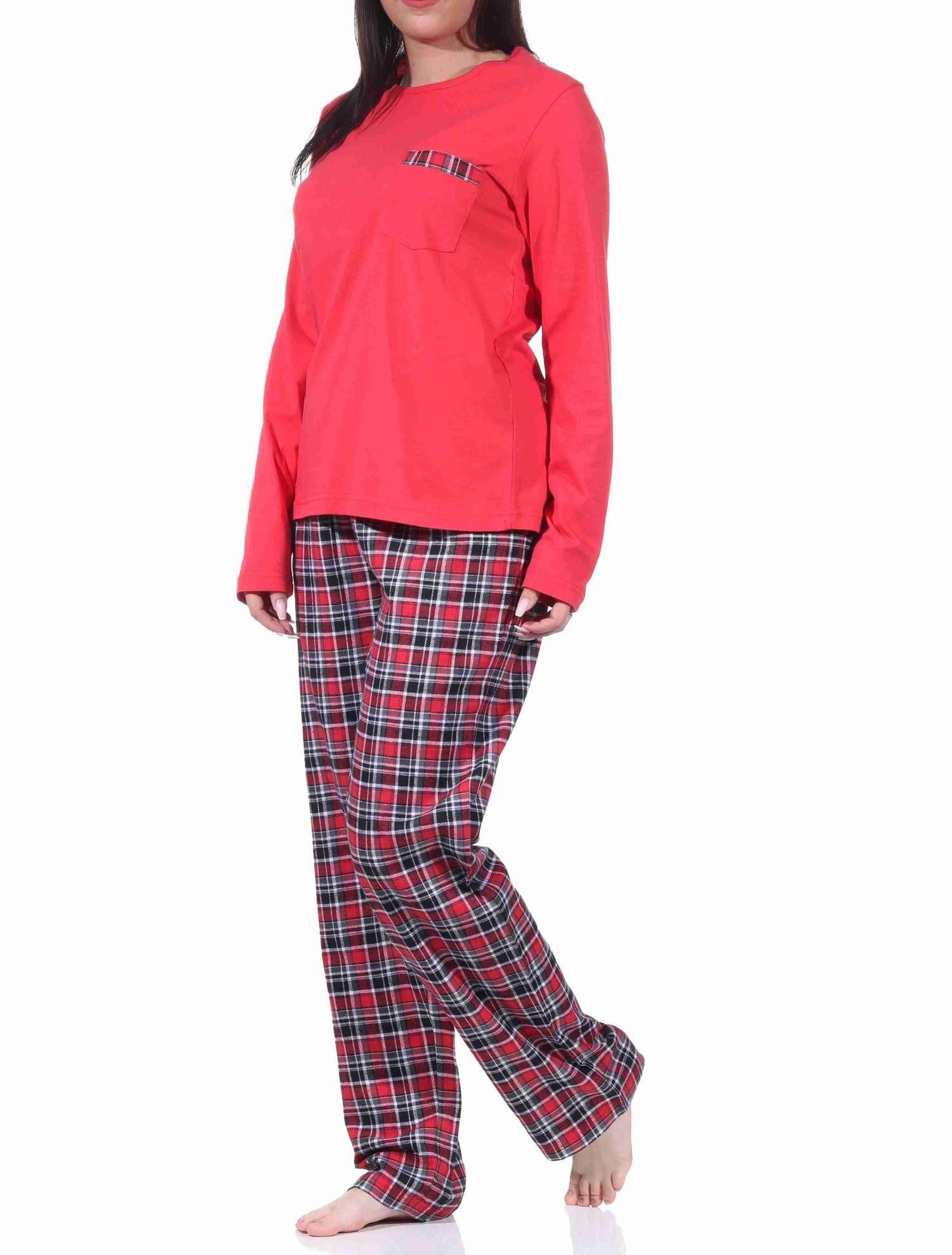 Pyjama Damen Flanell Schlafanzug lang mit Flanell Hose und Jersey Oberteil