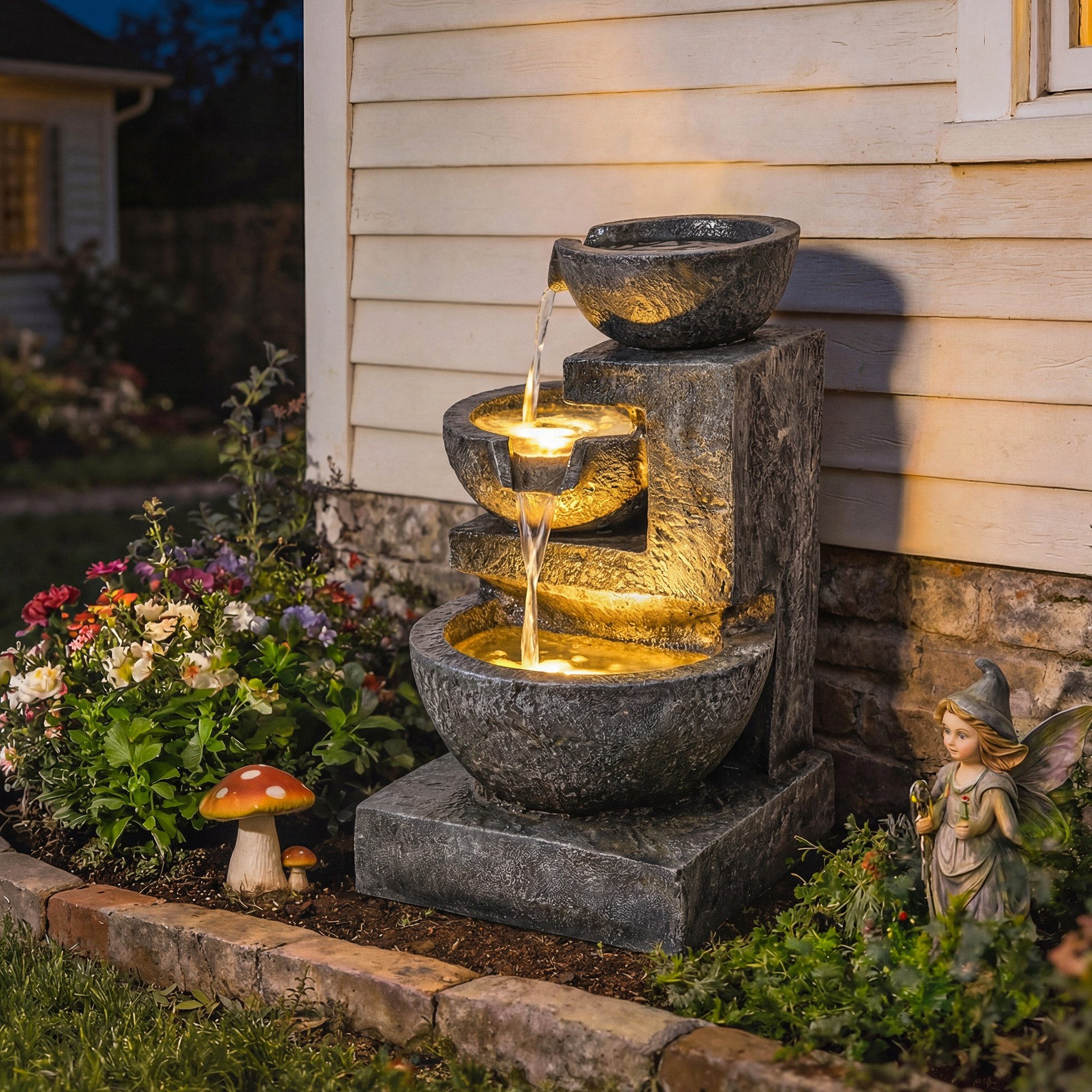 Outsunny Gartenbrunnen mit LED Beleuchtung, Pumpe, Steinoptik, 40 cm Breite, Wasserbecken BxT: 37x37 cm, (Springbrunnen, 1 tlg., Zimmerbrunnen), für Garten Rasen 40 x 37 x 61 cm