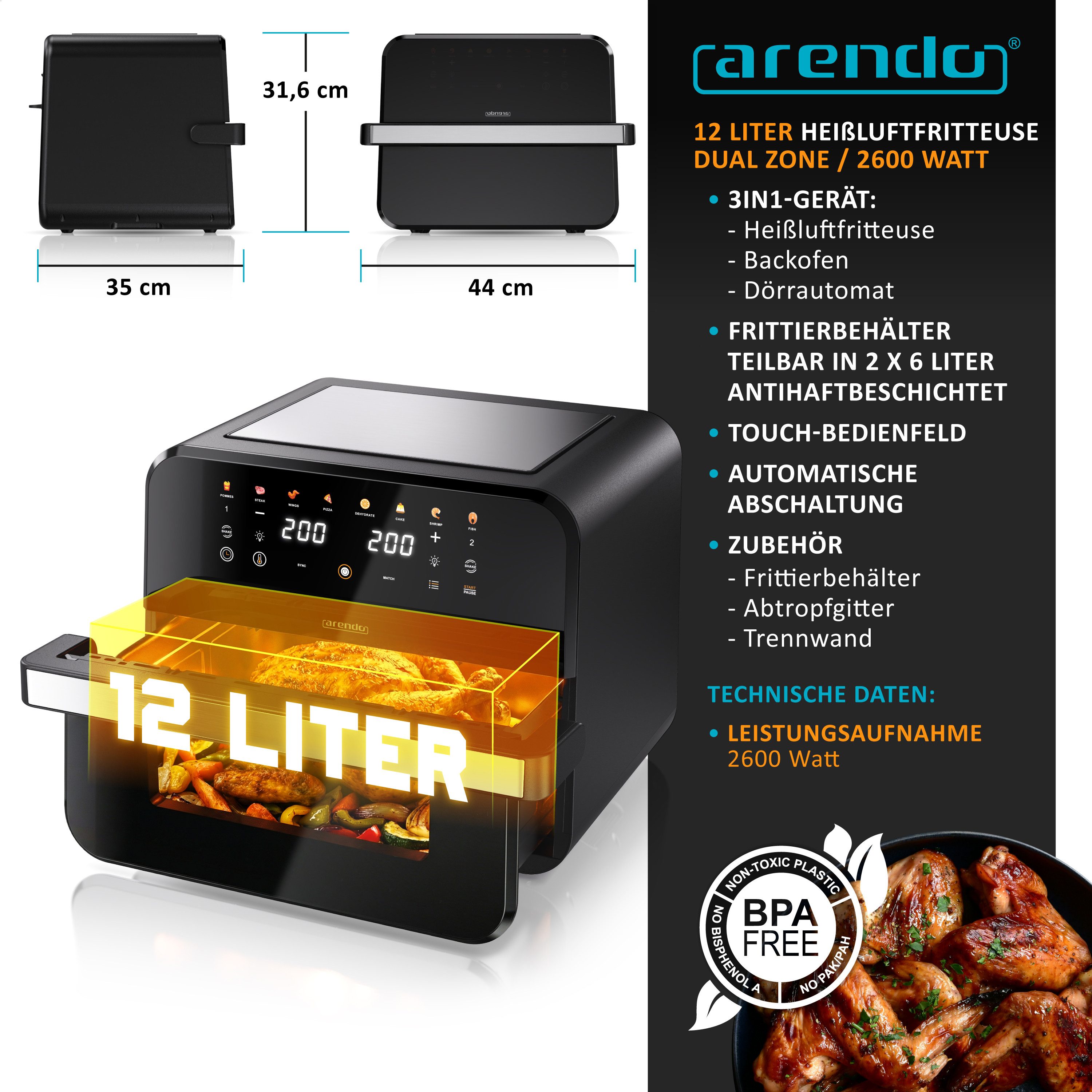 Arendo Heißluftfritteuse mit 2 Kammern Nebeneinander, XXL Doppelkammer Airfryer 12L, Dual Zone, 2600 W, mit Zubehör, Umluft Backofen, 80-200°C, fettarmes gesundes Kochen