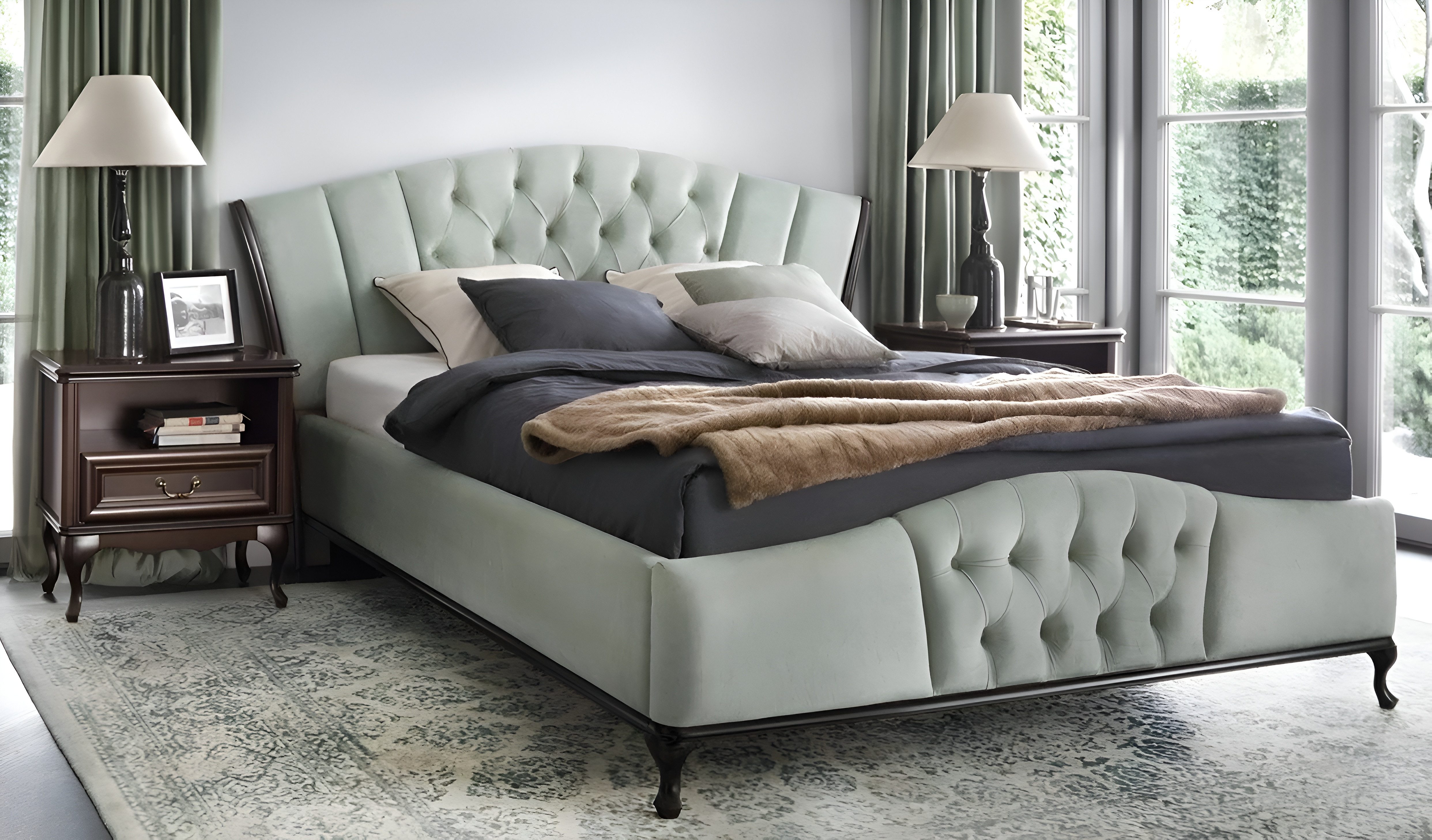 Polsterbett Chesterfield Schlafzimmermöbel Set in Grau aus Massivholz