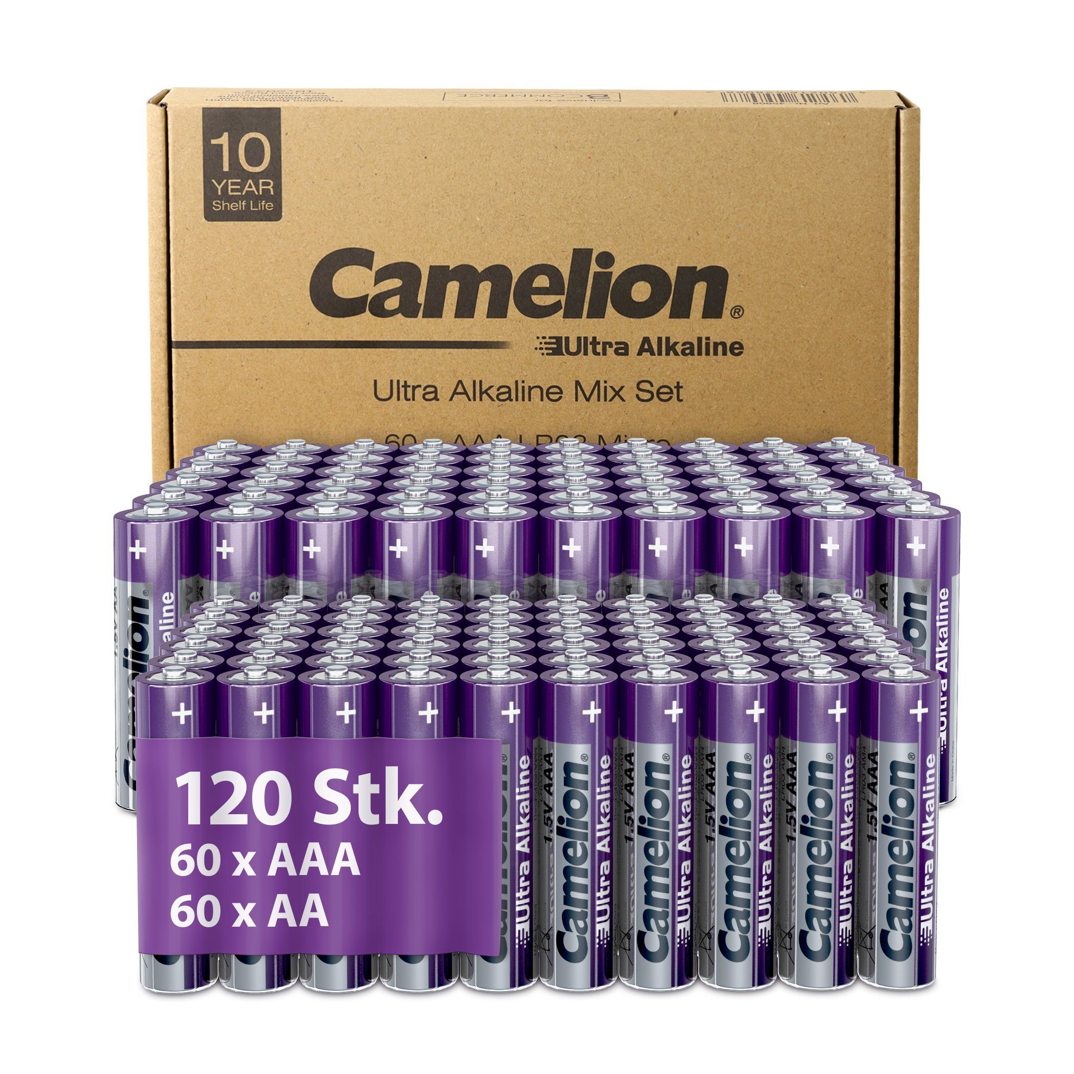 Camelion Camelion Ultra Alkaline (120 Batterien, Ultra Langlebige 120 langlebig AAA Batterien Batterie, St), Stück, AA + 60 60