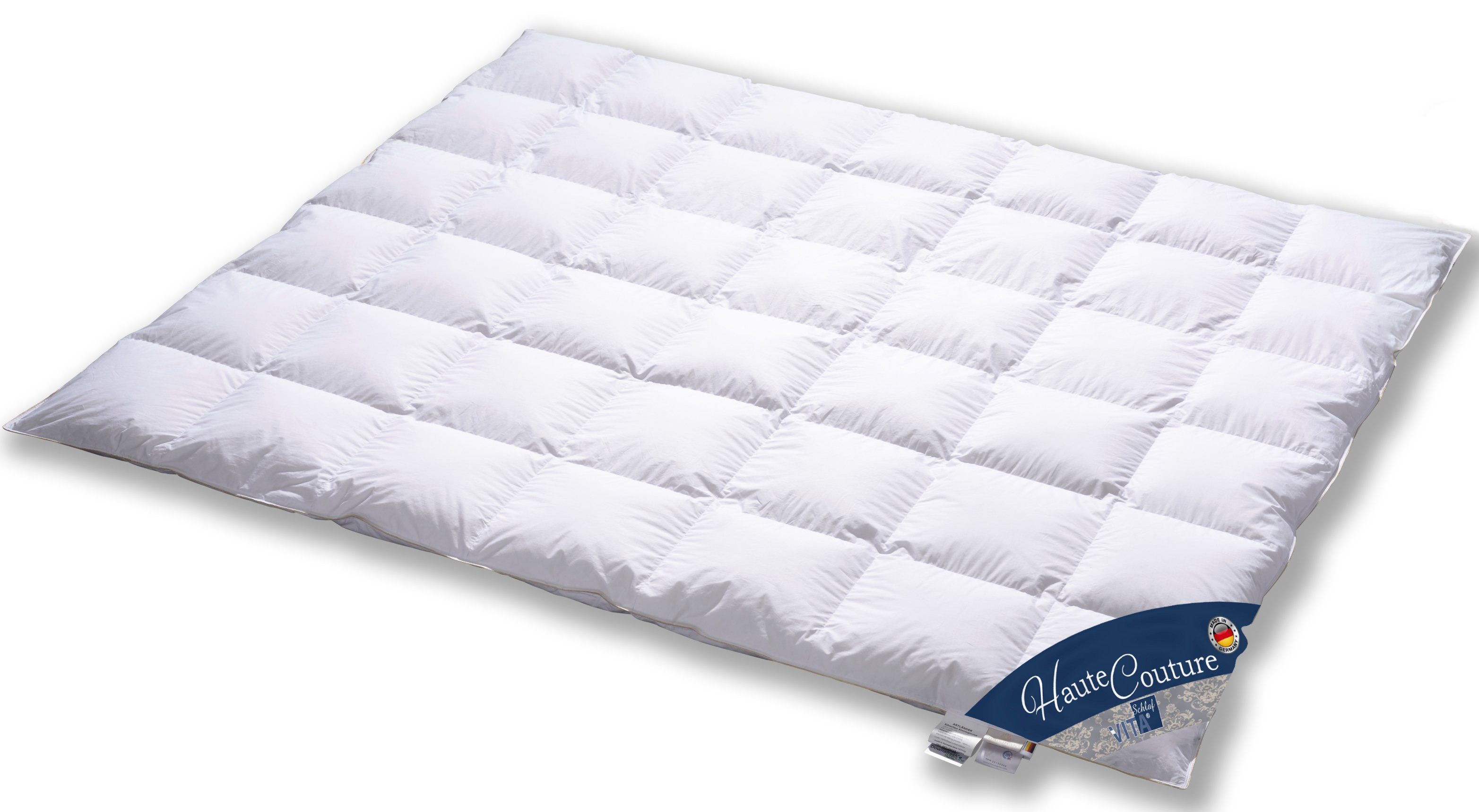 Vitaschlaf Daunenbettdecke Vitaschlaf® Haute Couture Bettdecken für Sommer Winter Ganzjahresdecke, Füllung: weisse BAIKAL SCHNEEDAUNEN der Premiumklasse, 100% DAUNEN, alle Wärmestufen, Bezug: 100% Baumwolle aus feinster MACO Einschütte, Bettdecke 135x200 cm, 155x220 cm und weitere Größen, Made in Germany