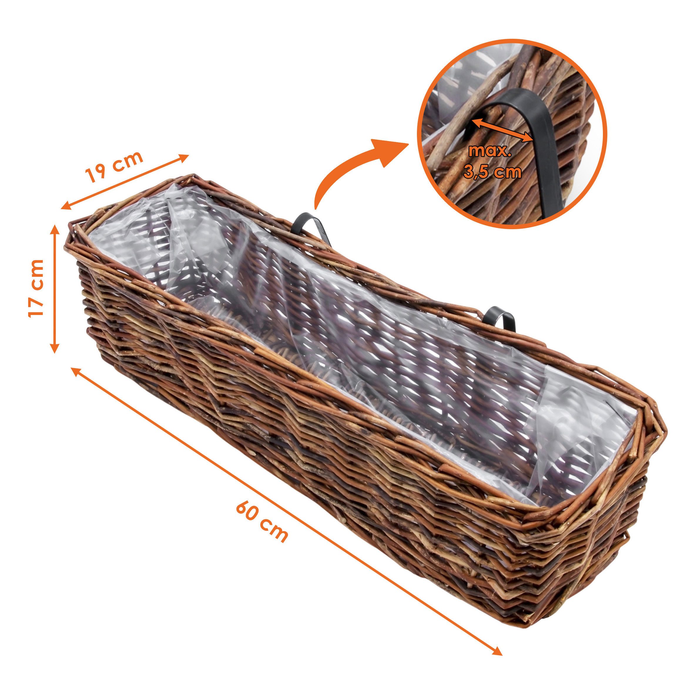 Spetebo Blumenkasten Rattan Balkonkasten eckig mit Folie (natur dunkel, 1 St., Stück), Rattan Blumenkasten mit Aufhängung für Geländer bis 3,5 cm