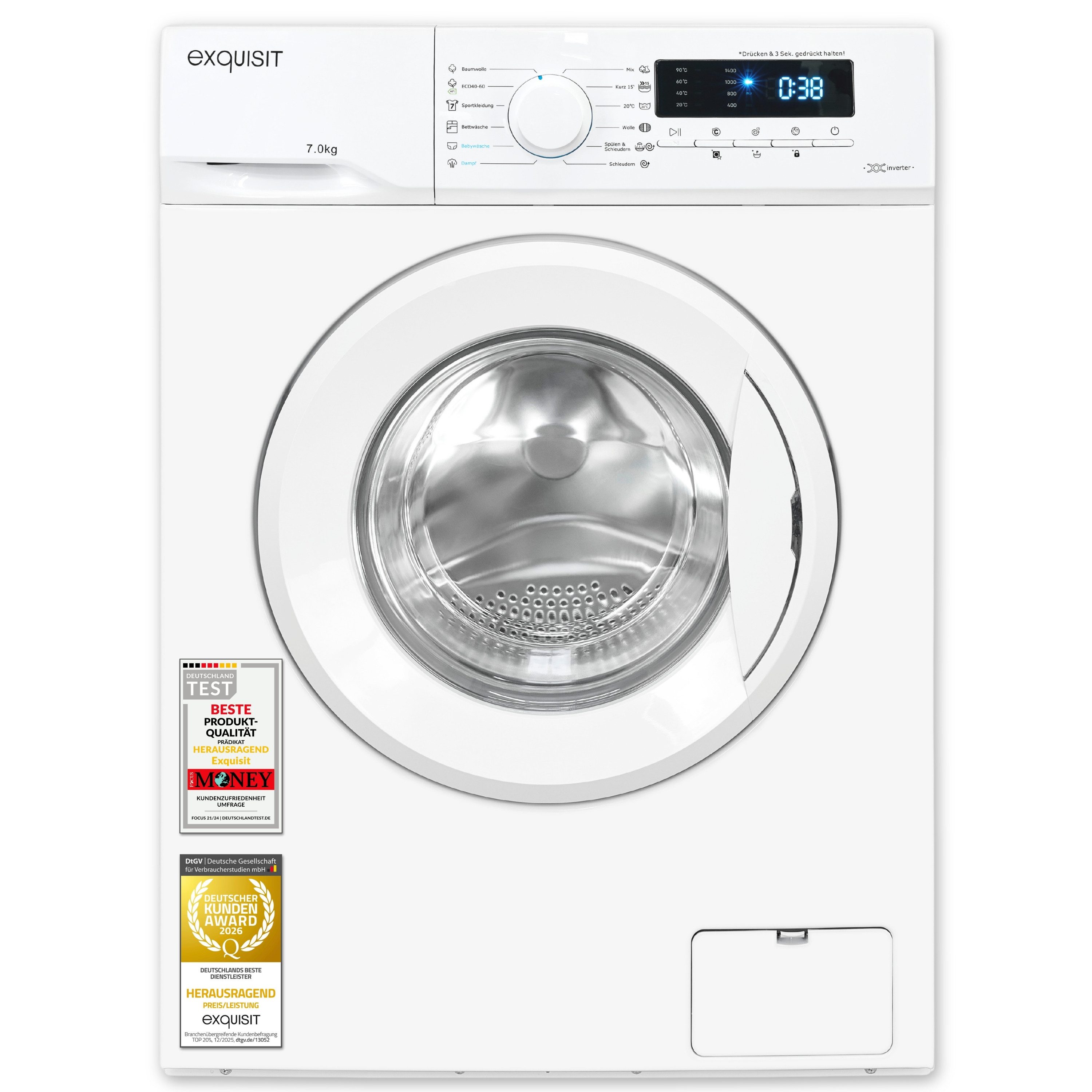 exquisit Waschmaschine WA57014-020A, 7 kg, 1400 U/min, 7kg, Startzeitvorwahl, Aquastop, EEK: A, 1400 U/Min, 12 Waschprogramme