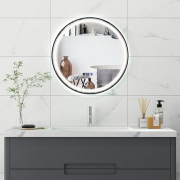 KOMFOTTEU Badspiegel, beleuchteter Wandspiegel mit Uhr & Temperatur