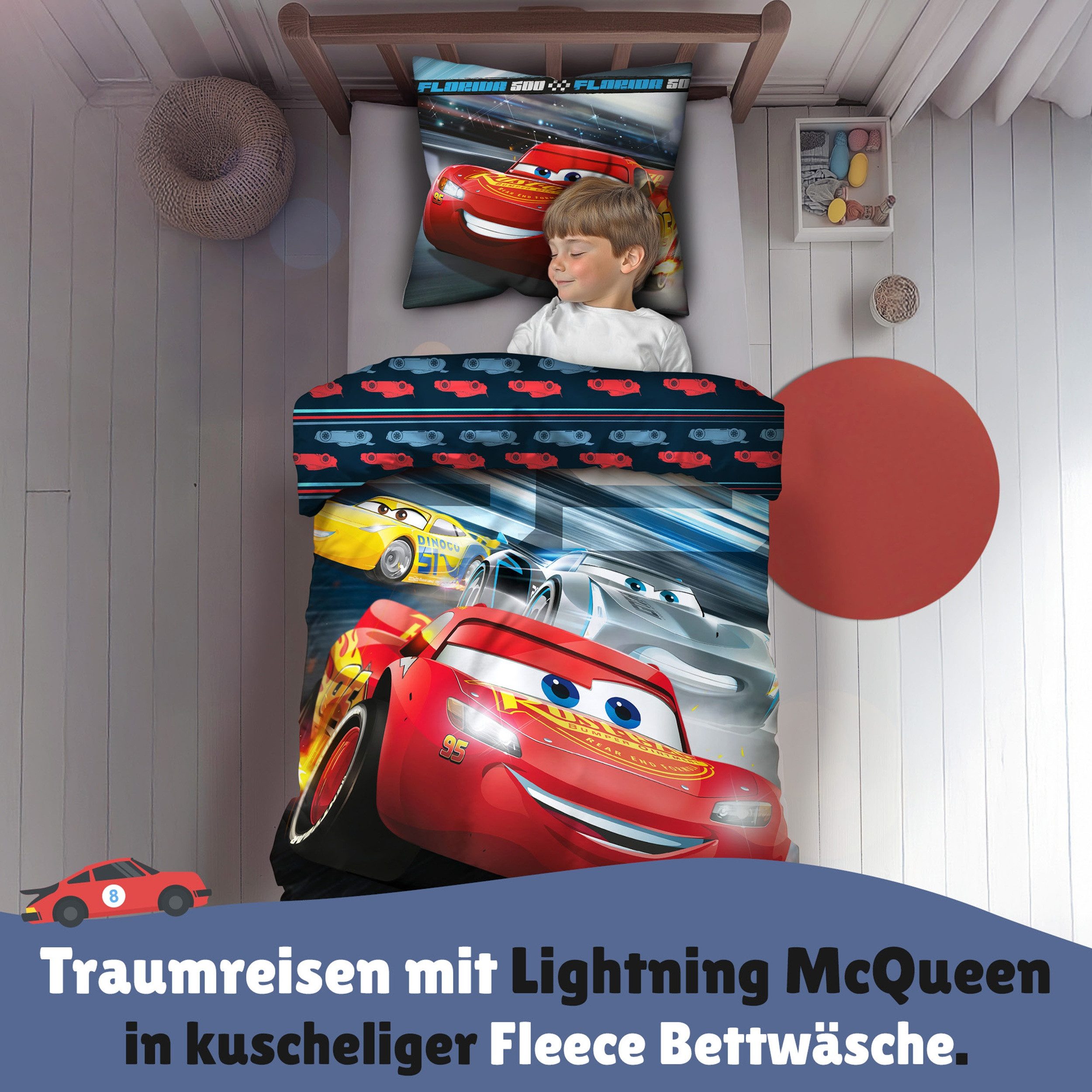 Familando Kinderbettwäsche Disney Cars 135x200 80x80 cm Fleece-Bettwäsche mit Reißverschluss, Microfaser-Flanell, 2 teilig, extra flauschig und weich, mit Wendemotiv