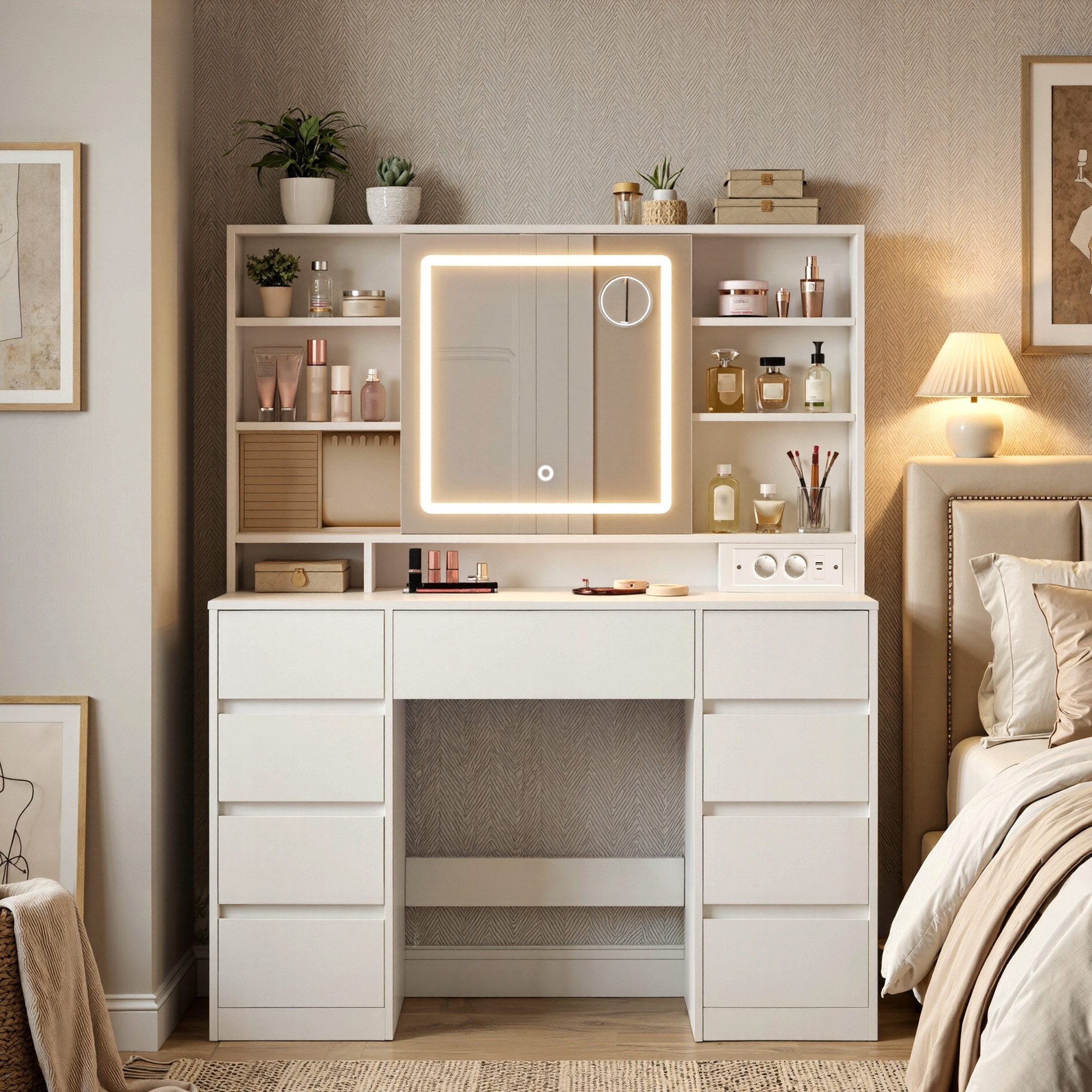 VASAGLE Schminktisch Hocker Steckdosenleiste (1 Tisch mit 1 Hocker), 10x Vergrößerungsspiegel, 3 Lichtfarben, werkzeuglose Gleitschienen – Bild 2 von 5