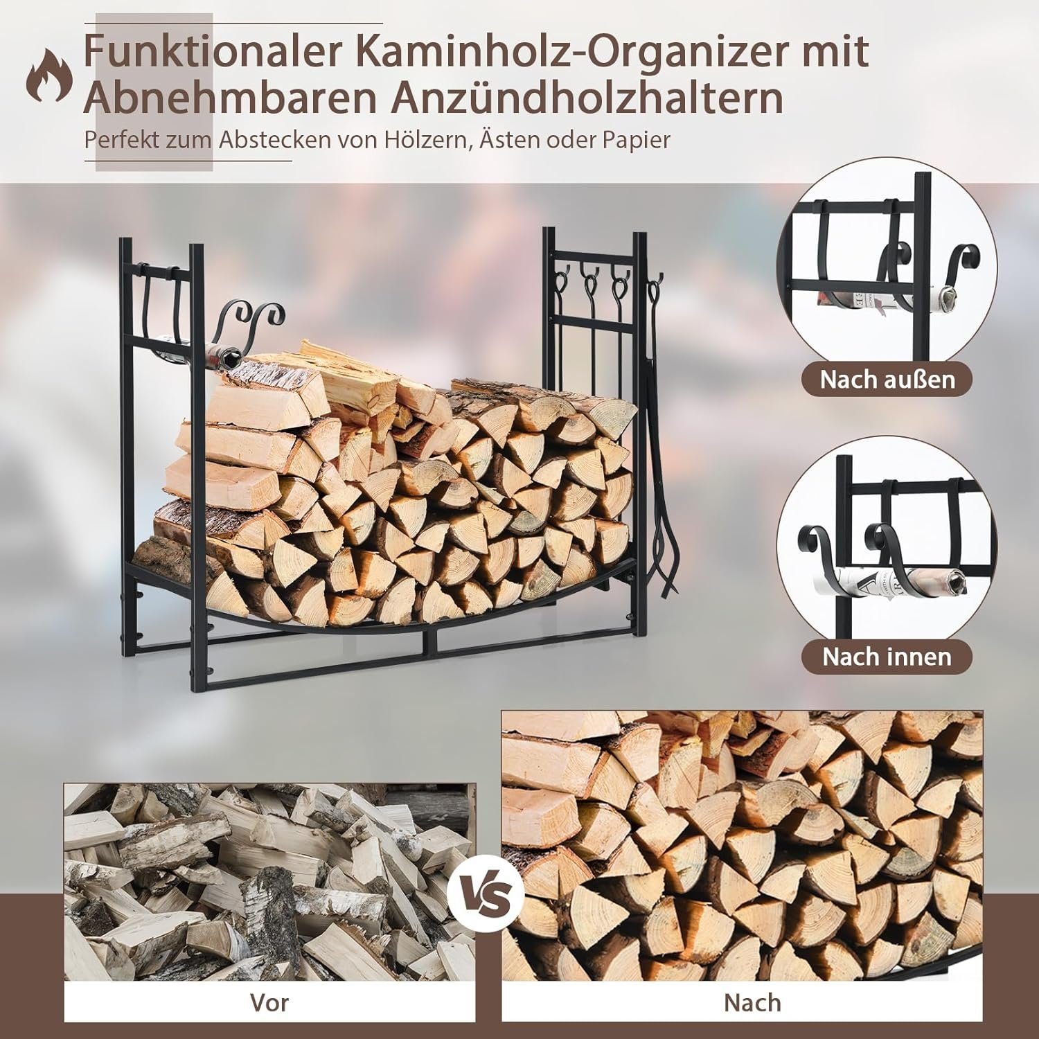 KOMFOTTEU Kaminholzregal abnehmbaren mit & Schaufel 2 Häkchen Metall aus Brennholzregal