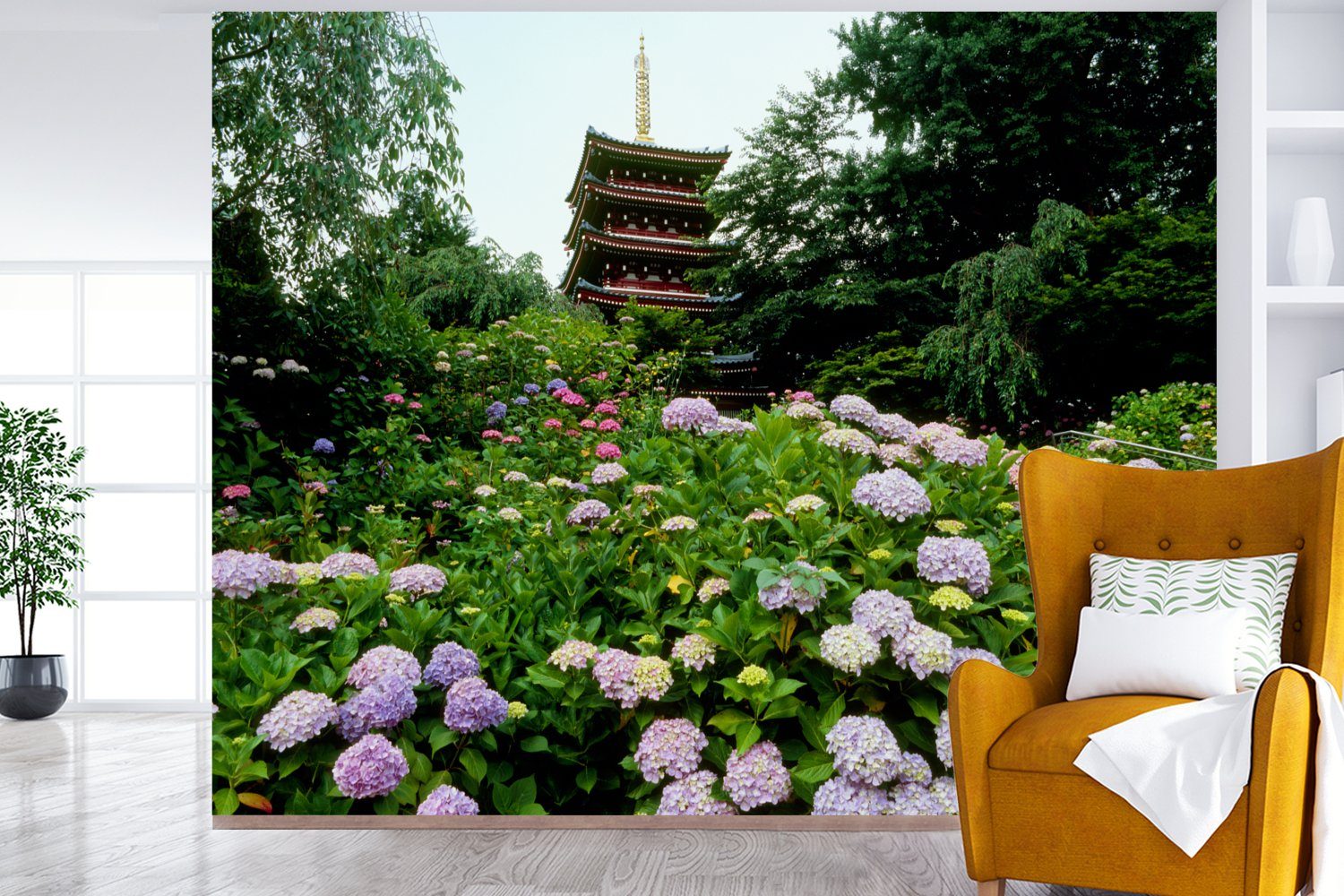 Japanischer MuchoWow St), für (5 Wohnzimmer, Fototapete Tapete Montagefertig mit Garten Wandtapete Matt, bedruckt, Vinyl Hortensien,