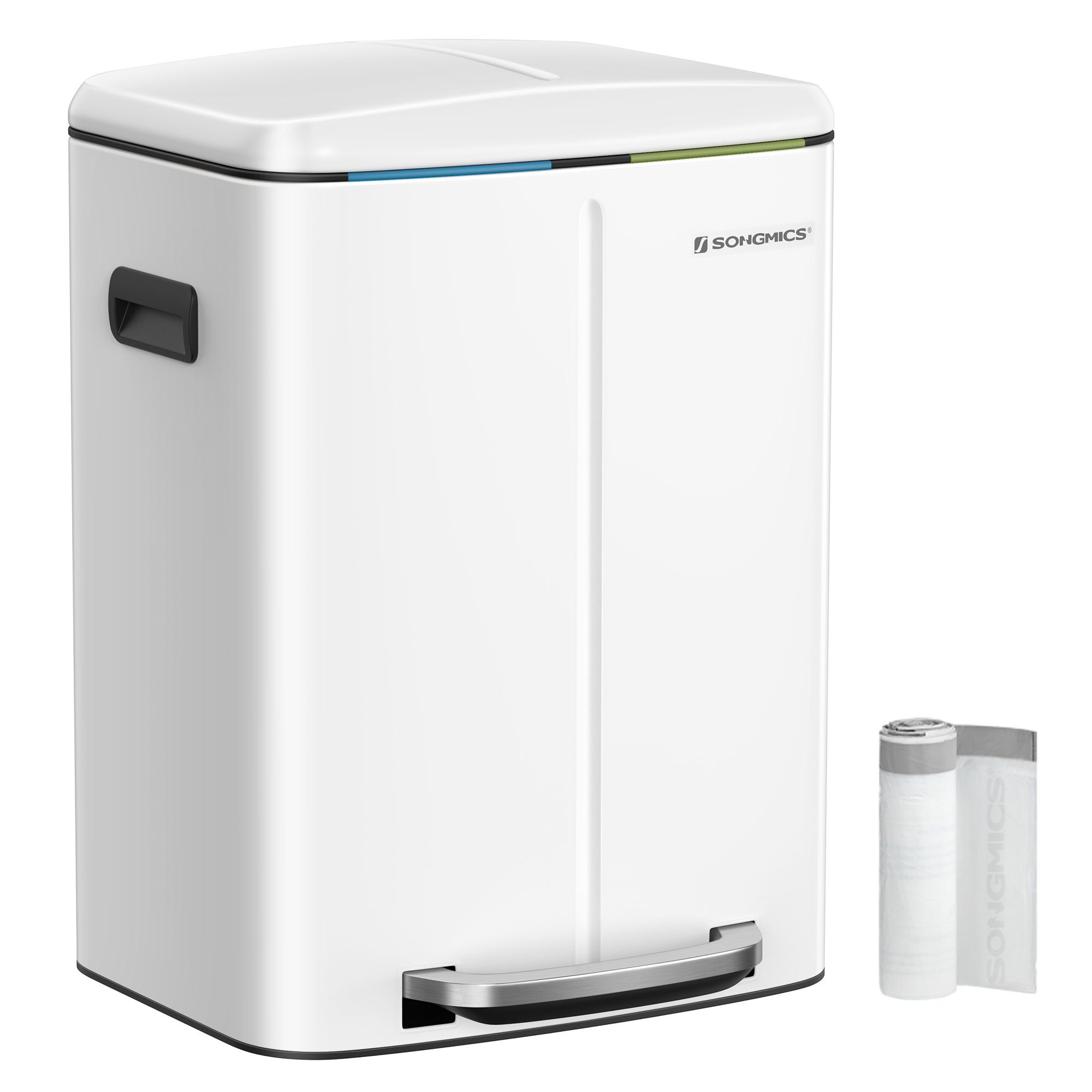 SONGMICS Mülleimer Küche, 2 x 20 L, Mülltrennsystem 2 Fächer, Treteimer, geruchsdicht, Abfalleimer Metall, Inneneimer aus Kunststoff, Softclose, weiß