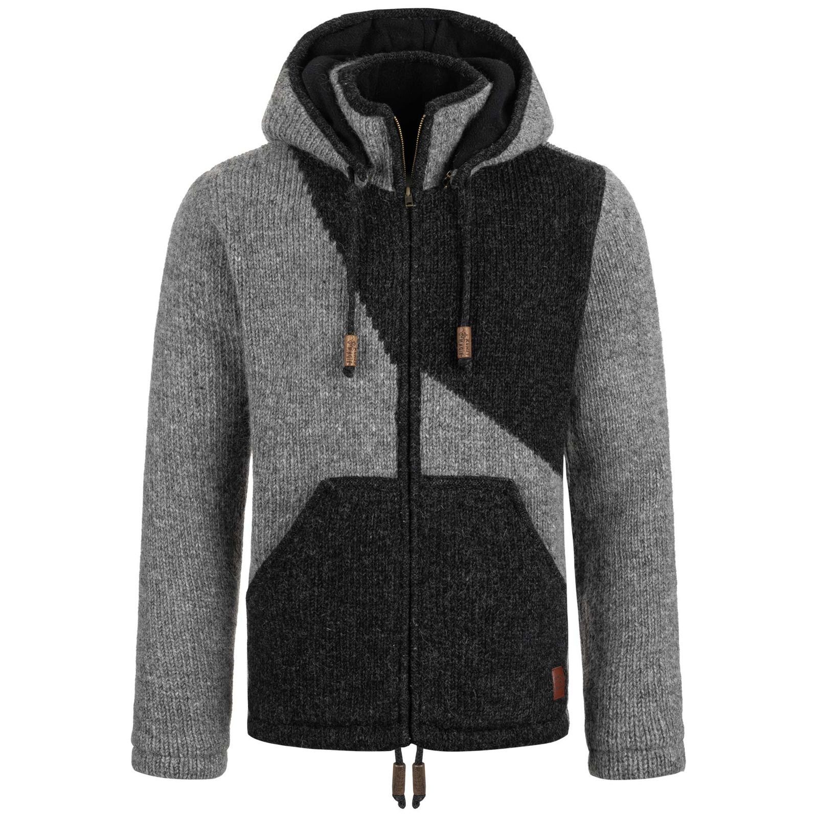 KUNST UND MAGIE Strickjacke Strickjacke Goa Wolle Jacke Fleecefutter Zipfelkapuze Unisex Fair