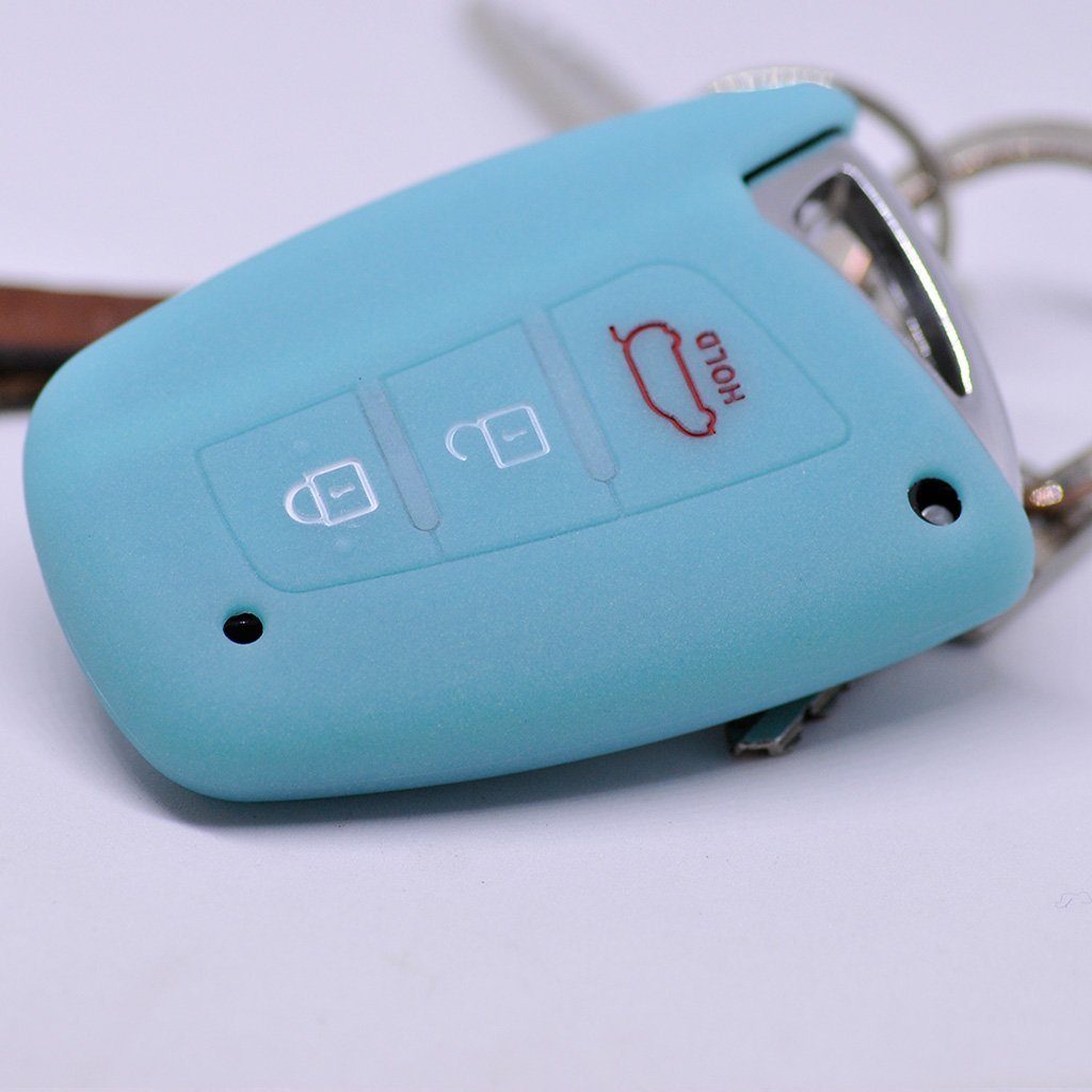 mt-key Schlüsseltasche Autoschlüssel Softcase Silikon Schutzhülle fluoreszierend Blau, für Hyundai Genesis Equus ix45 Grandeur Santa Fe Azera 3 Knopf KEYLESS