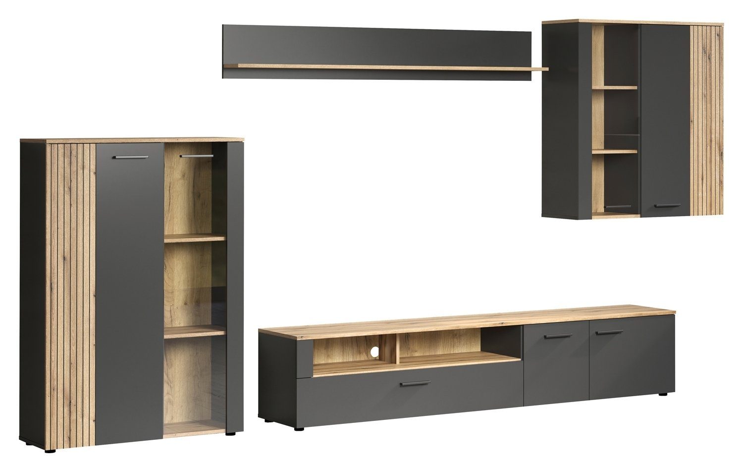 trendteam Wohnwand ESTEBAN, Anthrazit, Coast Evoke Eiche Dekor, (4-St), mit Glastüren