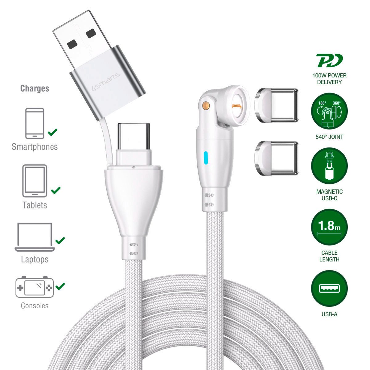 4smarts 4smarts USB-C/A 540° Magnetkabel GravityCord 100W Induktions-Ladegerät