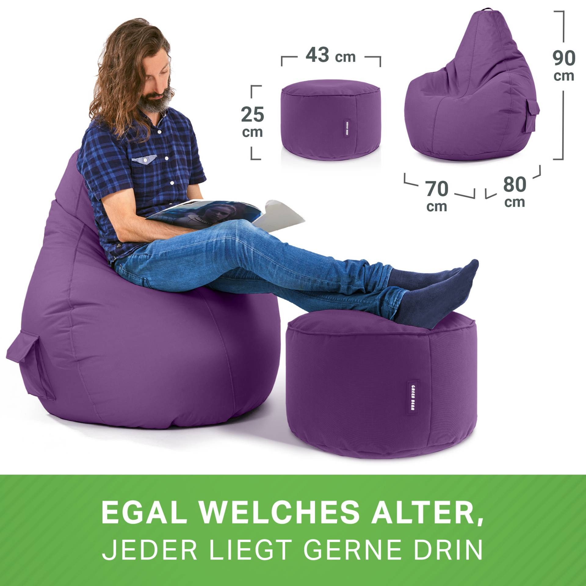 Green Bean Sitzsack Gaming Sitzsack + Hocker Cozy+Cube (Gaming Chair mit Fußhocker), Set Sitzsack mit Sitzhocker, Sitzkissen, Relax-Sessel