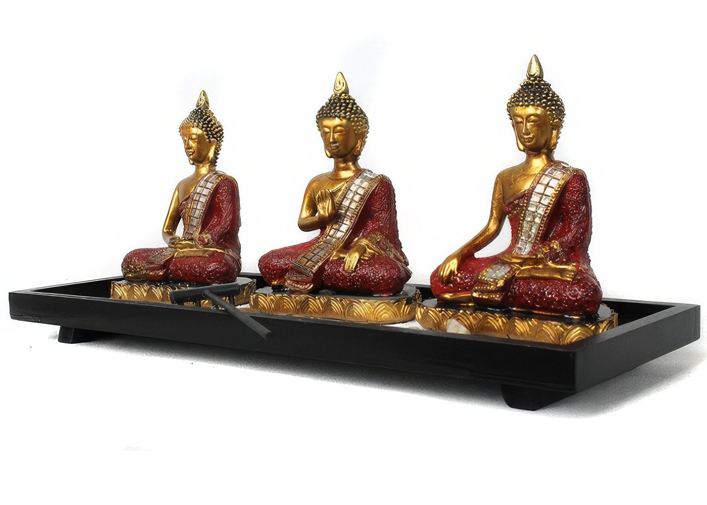 Yudu Buddhafigur Zen - Garten mit DREI Buddhafiguren mit Holzrechen Dekostein Nr:LW840