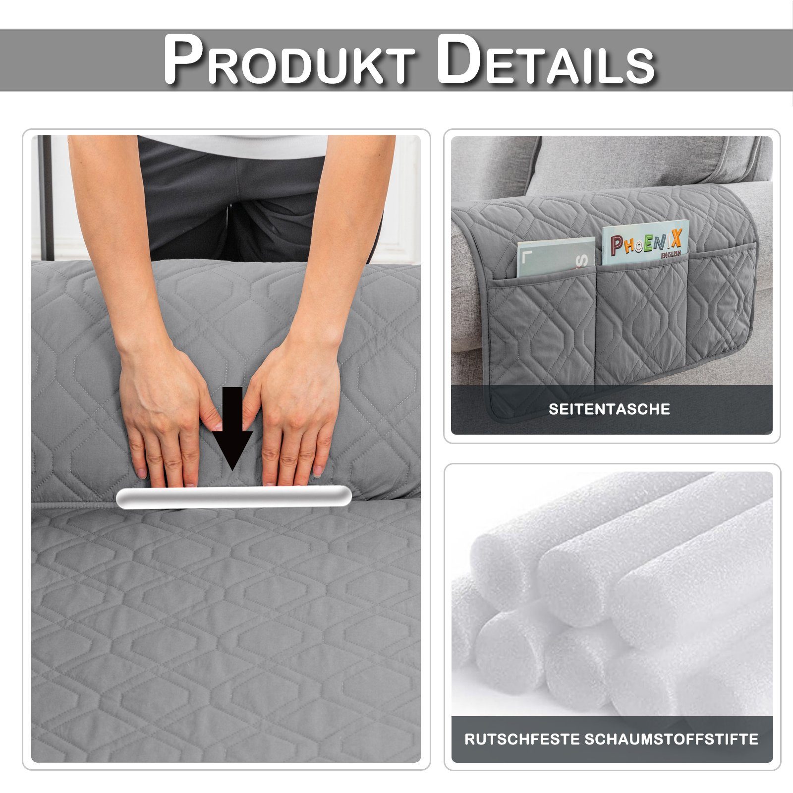 BTTO Sofaschoner Couch Schonbezug 1-,2-,3-Sitzer,Gesteppt Sofabezug,Armlehnen&Taschen, Sofaschoner Rutschfest&Wasserdicht für Haustiere, Hunde, Kinder