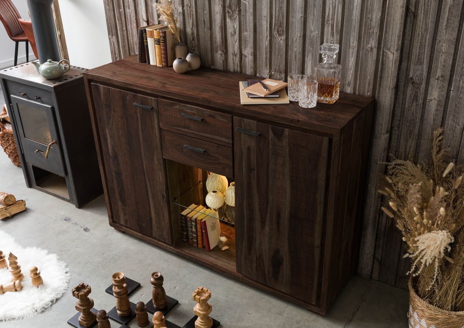 Massivmoebel24 Highboard (Highboard Akazie 145x40x101 dunkelbraun günstig online kaufen