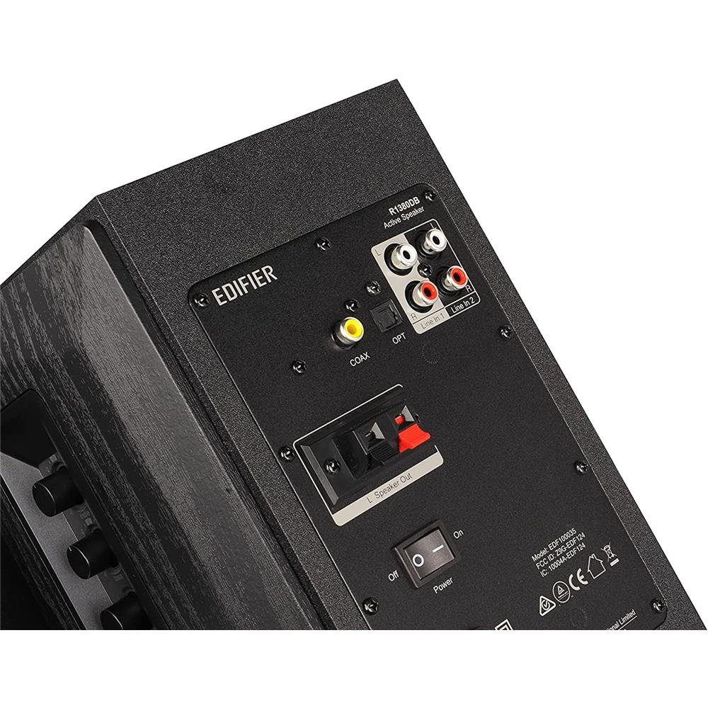 Edifier® R1380DB 2.0 Regal-Lautsprecher seitliche Lautstärke) 42 W, und (Bluetooth, Bässe, Höhen Regler Schwarz Infrarot-Fernbedienung, für