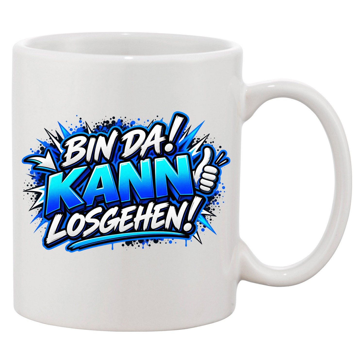 Blondie & Brownie Tasse Bin da Kann losgehen Tasse Spruch Print Büro Humor Geschenk, 1-tlg., Keramik, BinDa Tasse Kannlosgehen Motiv