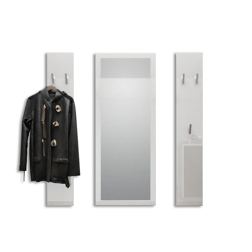 Vladon Garderoben-Set Spot, (Flurgarderobe, mit 2 Garderobenpaneelen und 1 Spiegel), Weiß Hochglanz (Paneel: 24 x 140 x 10 cm/Spiegel: 55 x 139 x 2 cm)