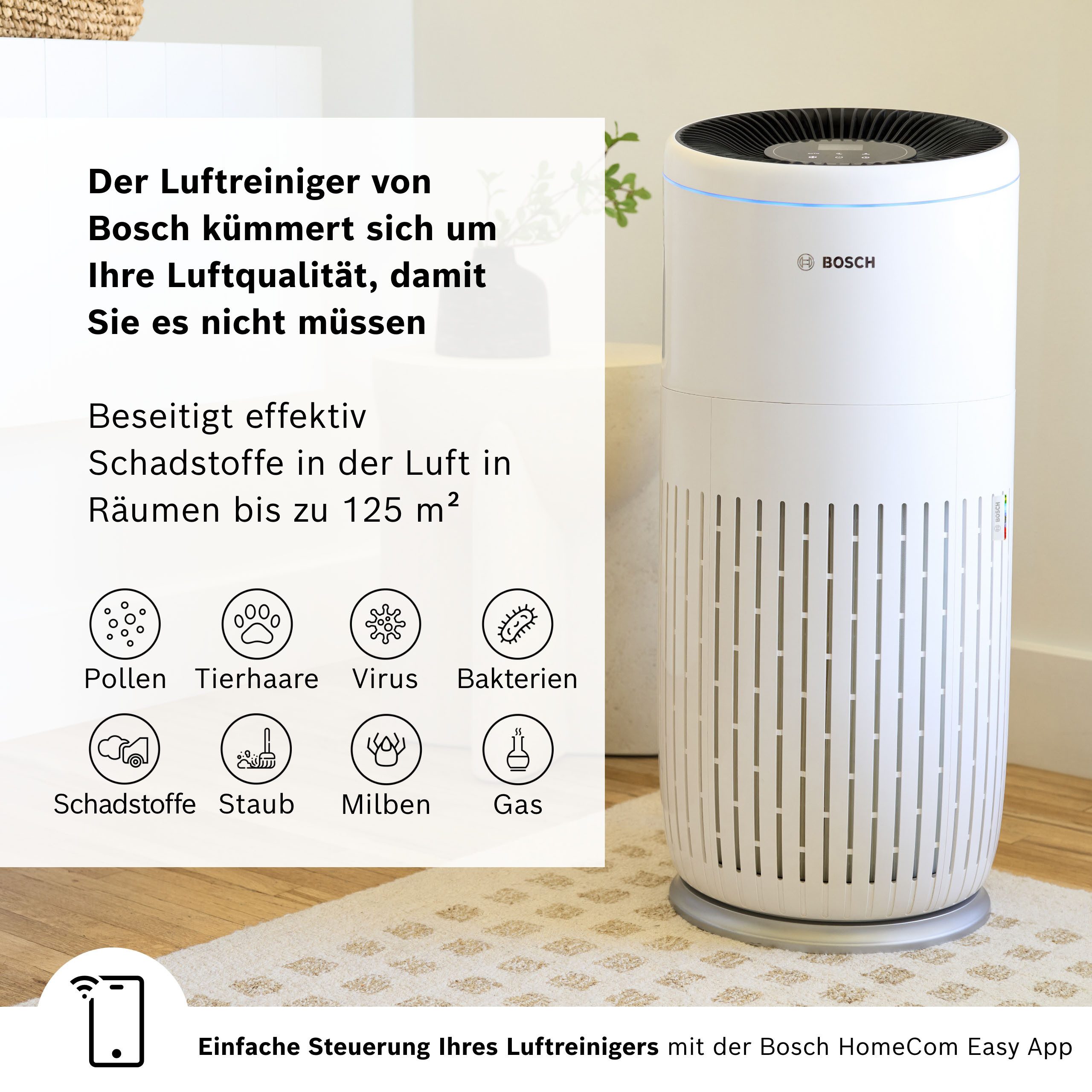 BOSCH Luftreiniger Air 6000i, leistungsstark und mit App-Steuerung, für 125 m² Räume, mit 4-in-1 Luftfilter und Temperatur- und Luftfeuchtigkeits-Sensor