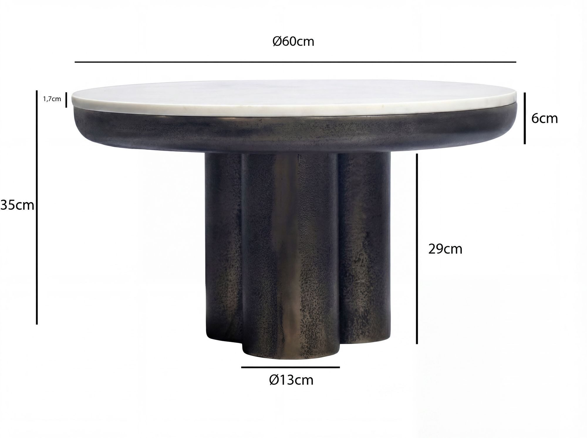 FINEBUY Couchtisch FB116659 60cm mit Marmor Platte weiß Wohnzimmertisch Beistelltisch Alu (Extravaganter Tisch in massiver Säulenoptik), Glatte Marmorplatte auf dunklem Aluminium