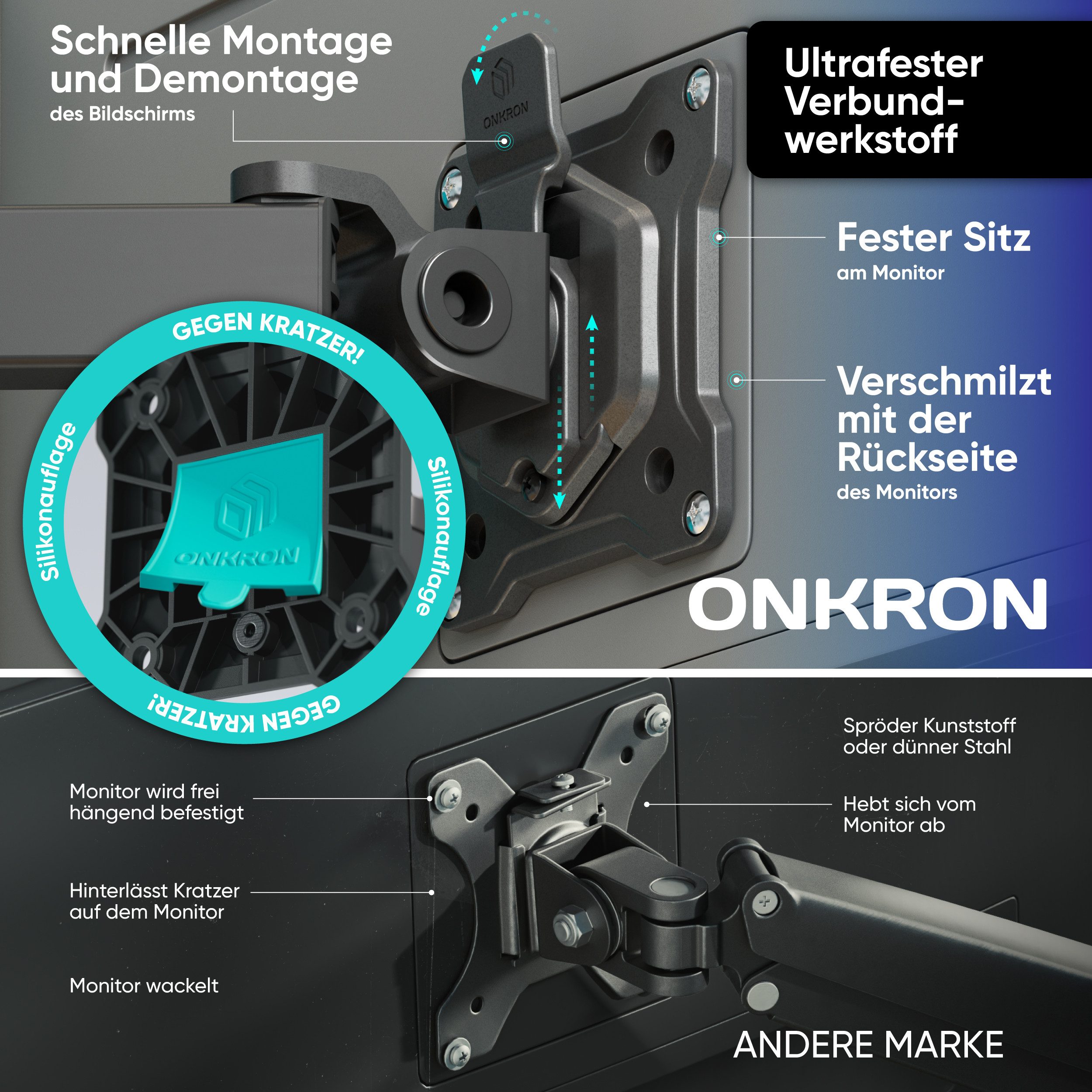 ONKRON Monitor-Halterung 13-32 Zoll, bis 8 kg pro Arm, VESA 75x75-100x100, D221E-B, (bis 32 Zoll, höhenverstellbar, schwenkbar, neigbar, drehbar, Kabelmanagemen – Bild 4 von 5