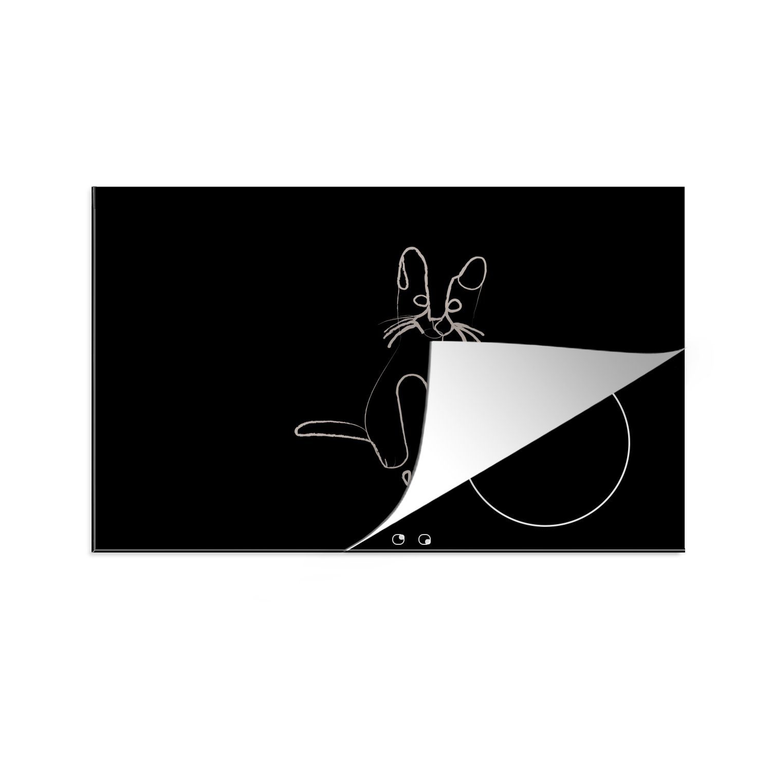 MuchoWow Herdblende-/Abdeckplatte Katze - Strichzeichnung - Weiß, Vinyl, (1 tlg), 81x52 cm, Induktionskochfeld Schutz für die küche, Ceranfeldabdeckung