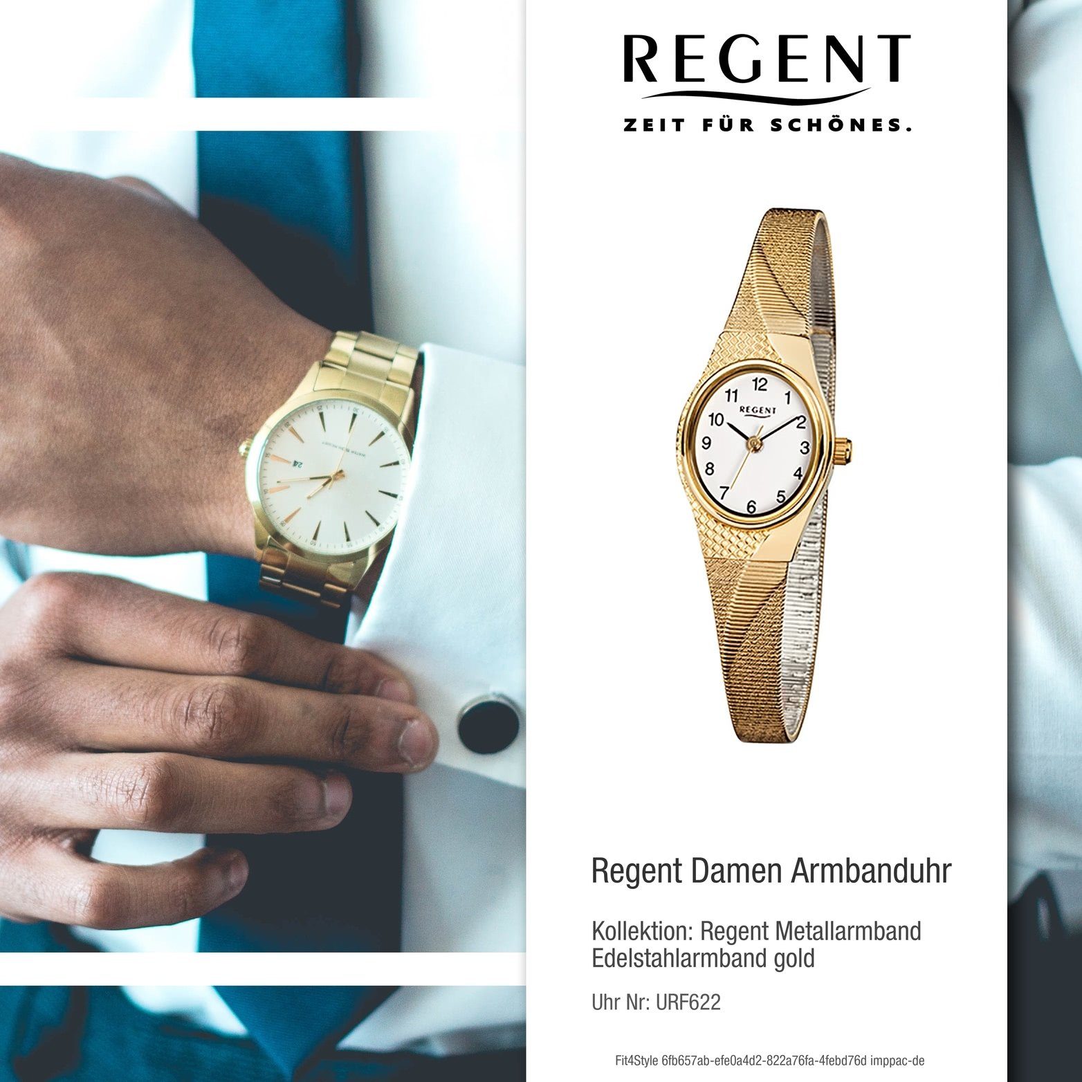 Damen Uhren Regent Quarzuhr D2URF622 Regent Stahl Damen Uhr F-622 Quarzuhr, Damenuhr mit Edelstahl, ionenplattiert goldarmband, 