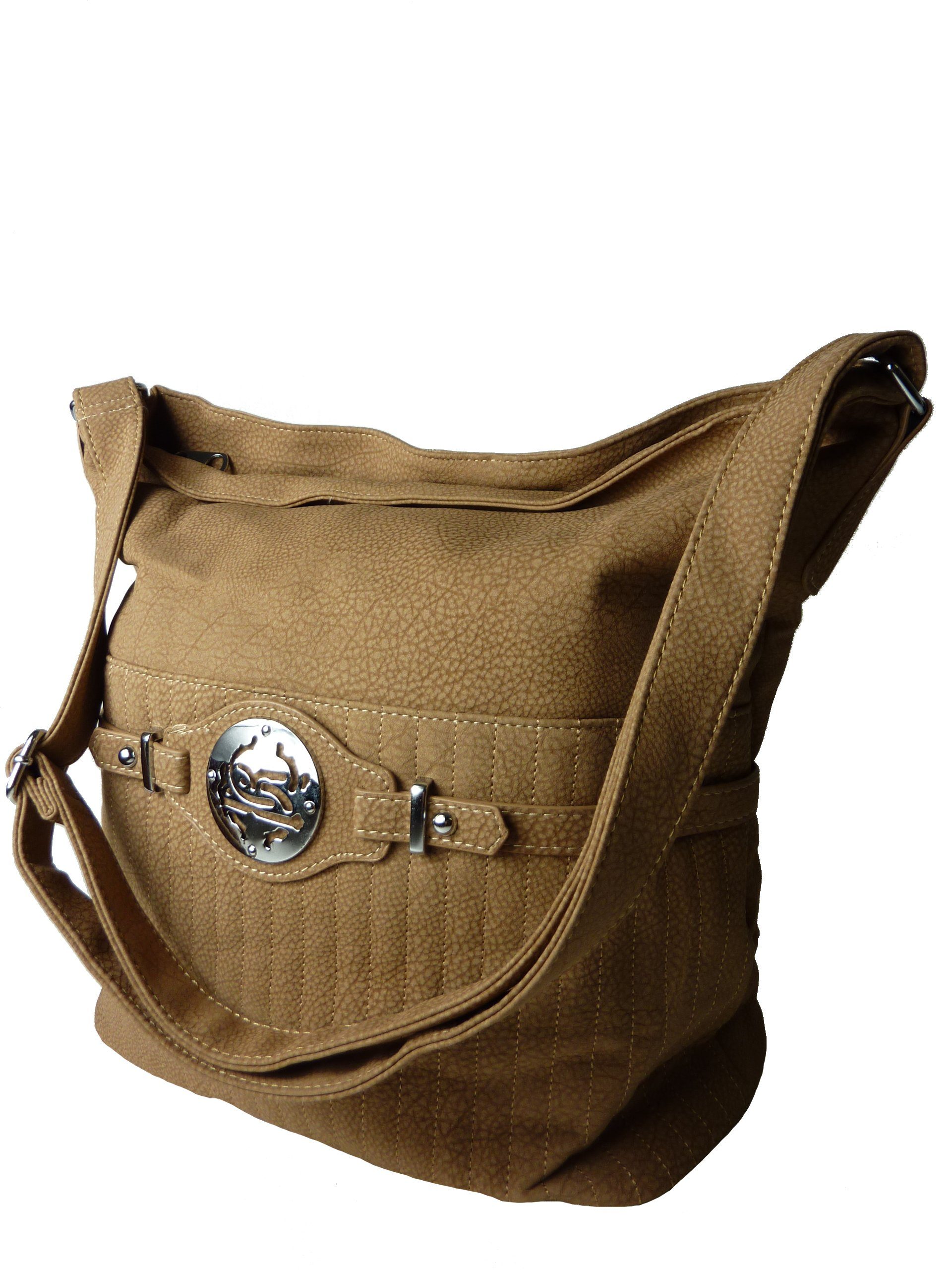 Taschen4life Schultertasche Damen Schulter Shopper 0790, langer Schulter-Trageriemen, mit Zier-Details & Steppungen khaki