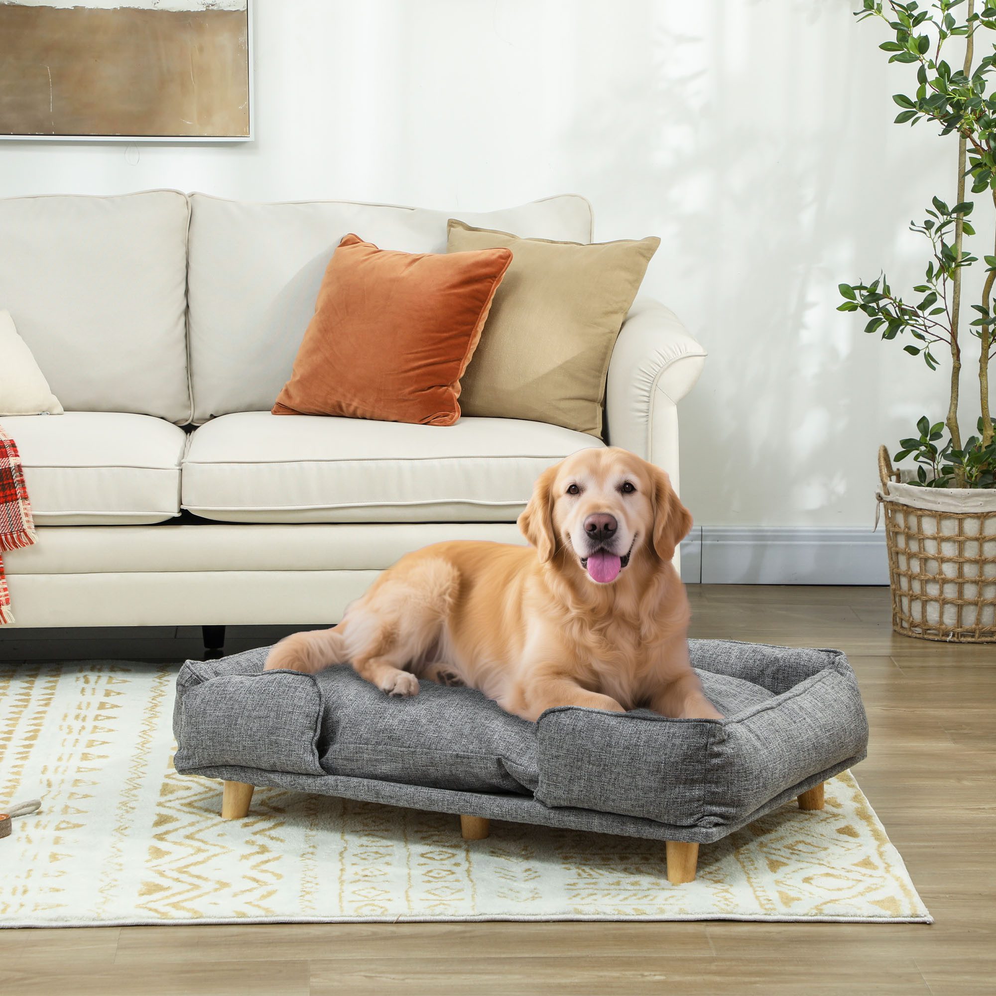 PawHut Tierbett für große Hunde unter 30 kg, Holzbeine, Polyester, mit abnehmbarem Sitzkissen, Dunkelgrau