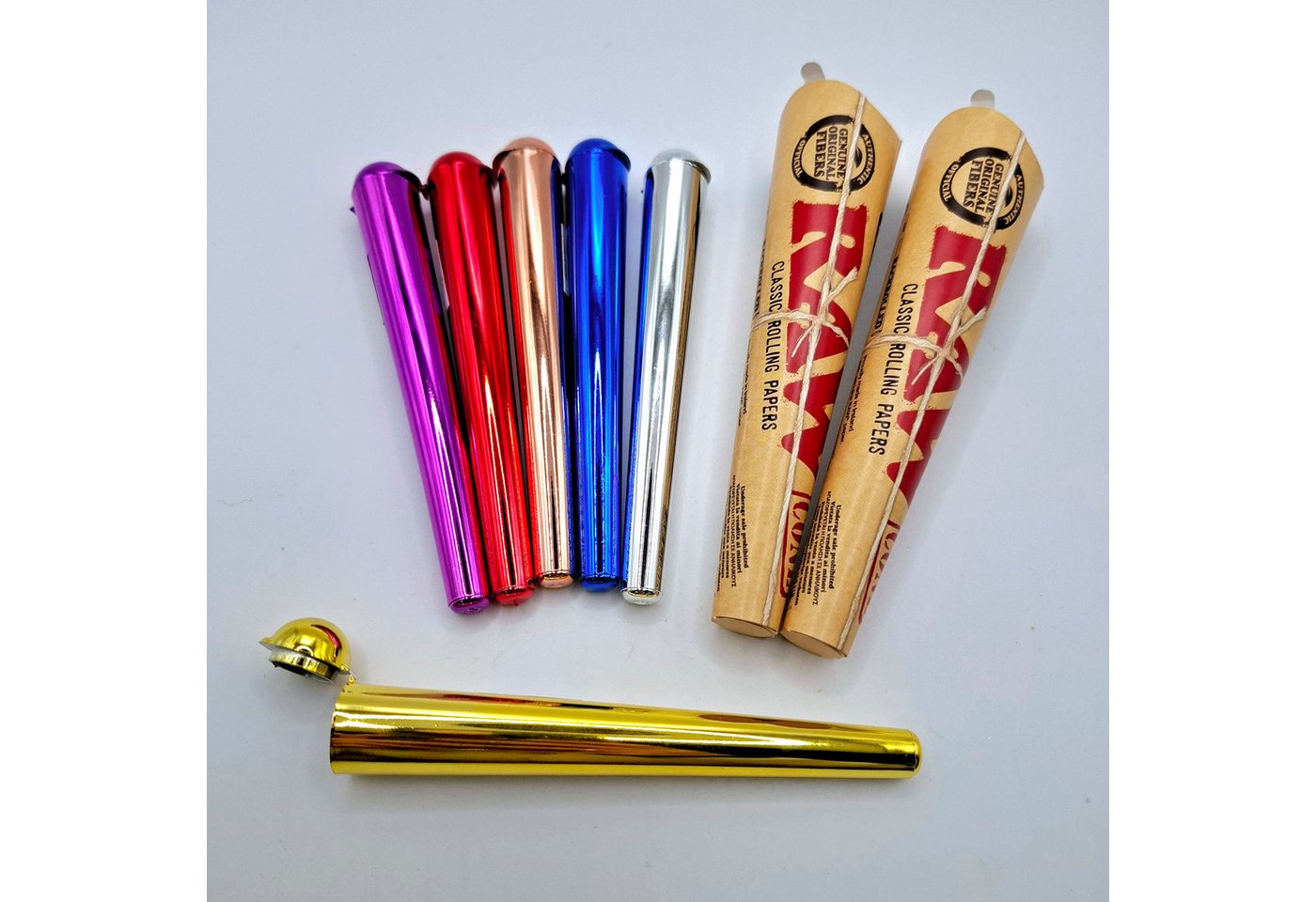 RAW Transportbehälter 2x 3 Stück vorgedrehte Hülsen + 6 bunte Cone Holder, 12 teiliges Set aus je 6 Cones und je 6 Jointhüllen
