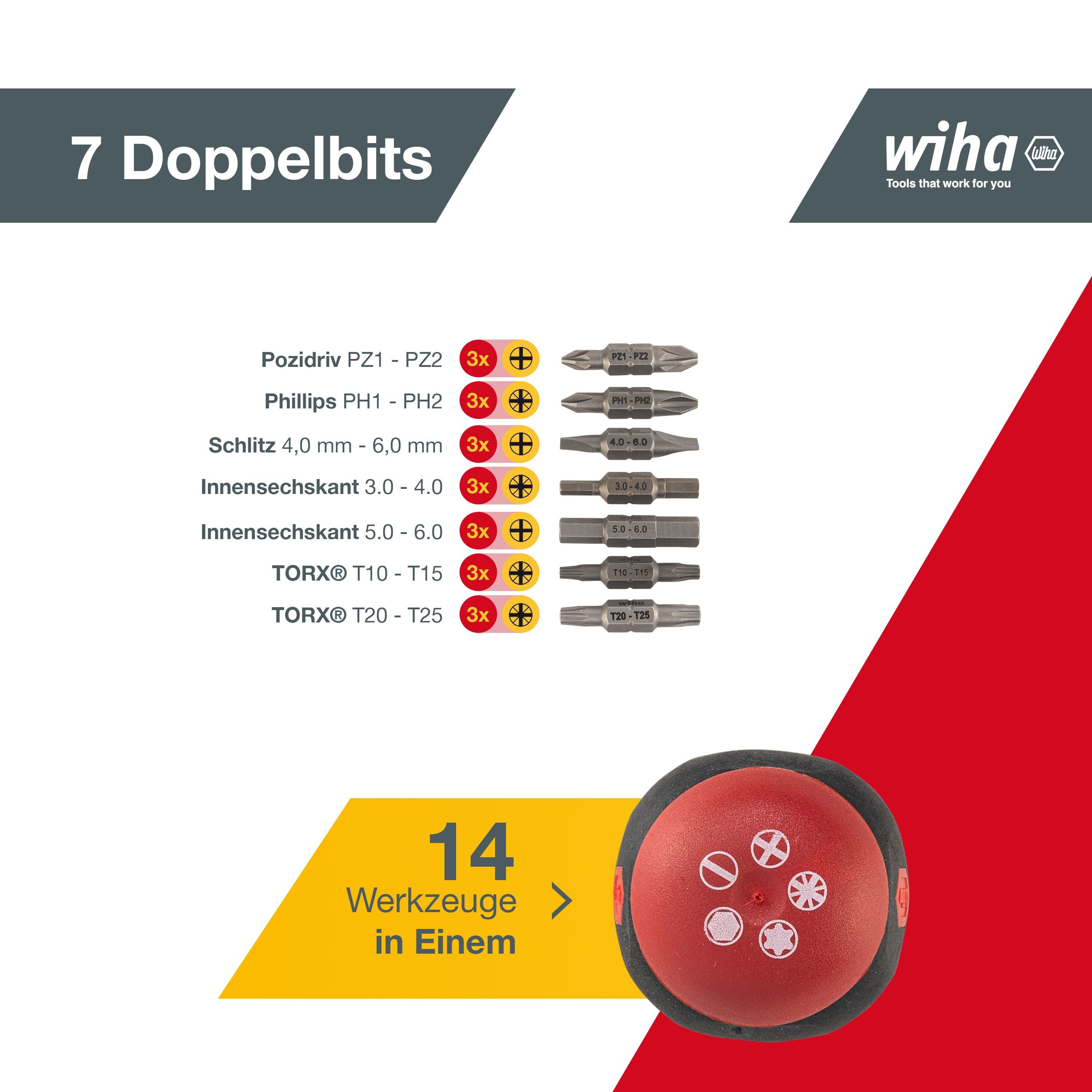 Wiha Schraubendreher Stubby (43613), Schraubendreher Stubby, 7 Doppelbits